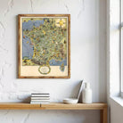 a framed map of France hanging on a wall, with a wooden shelf below it holding a stack of books and a white vase.