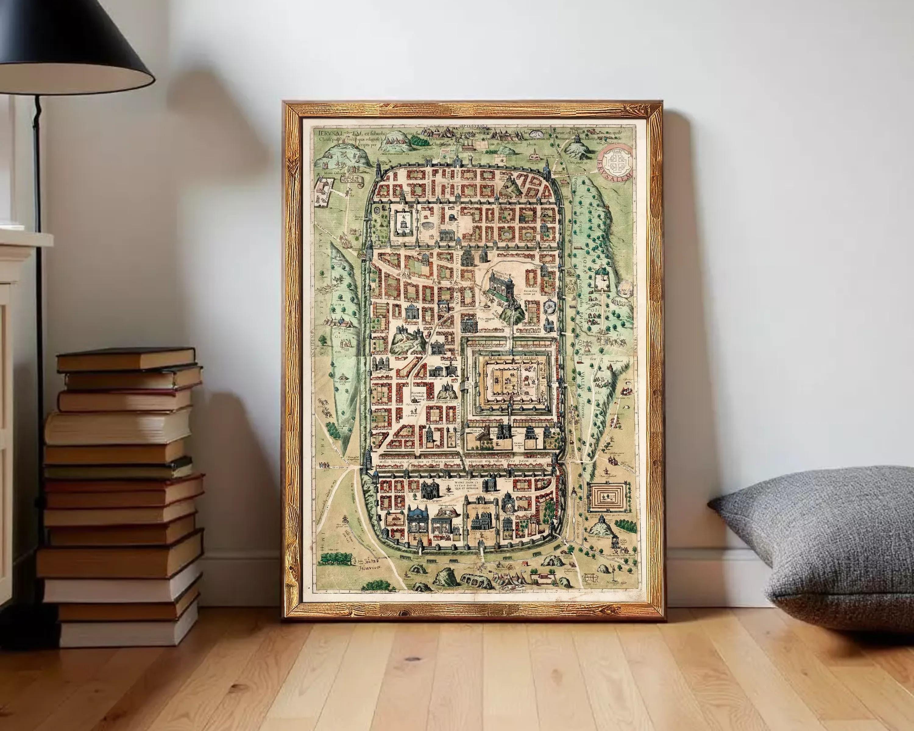 The image is a framed map of a city, depicting various buildings, roads, and other urban elements.