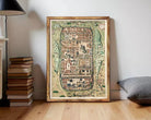 The image is a framed map of a city, depicting various buildings, roads, and other urban elements.