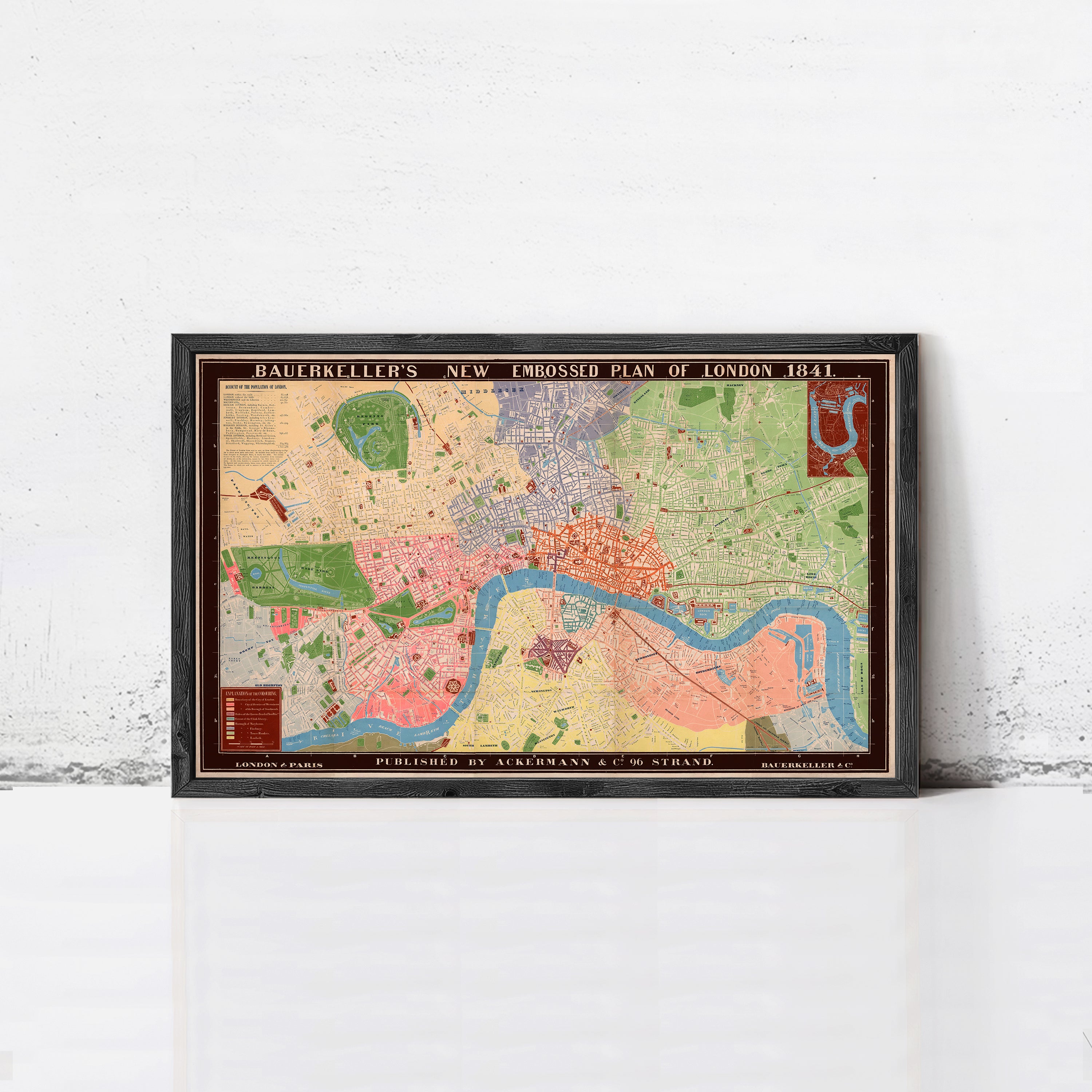 The image is a framed map of London, England, dated 1841, depicting the city's layout and surrounding areas.
