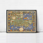 The image is a framed vintage map of the United States, featuring various landmarks, symbols, and illustrations in a colorful and detailed manner.