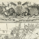 The image is a detailed historical map of a town, featuring a coat of arms with a lion, unicorn, and other symbols. The map includes street names and landmarks, providing a visual representation of the town's layout and features.