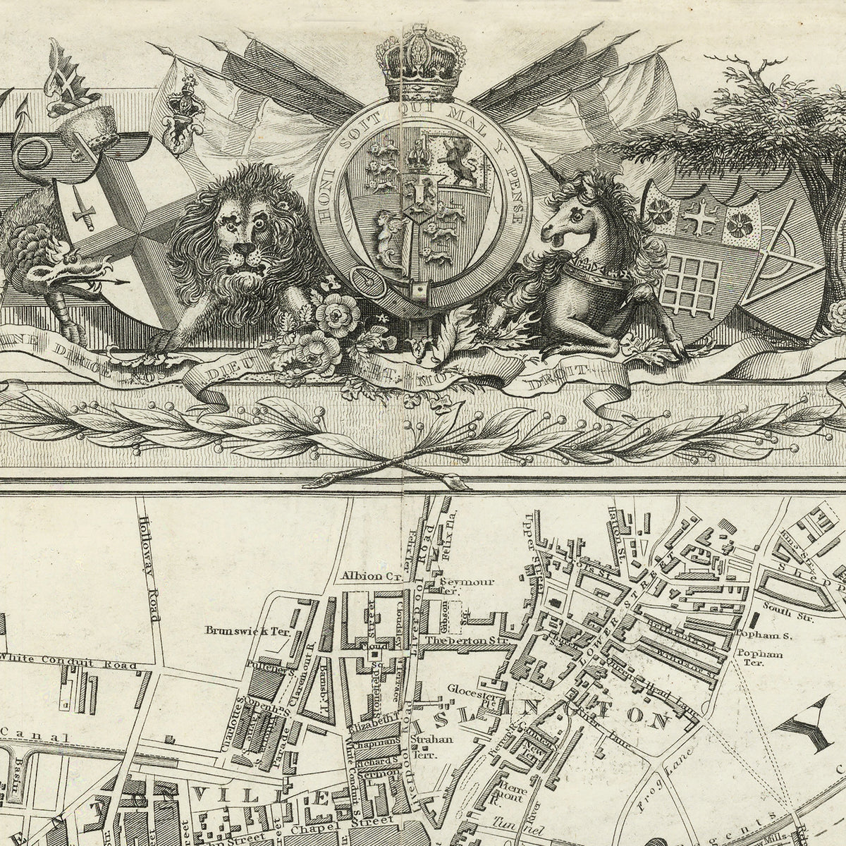 The image is a detailed historical map of a town, featuring a coat of arms with a lion, unicorn, and other symbols. The map includes street names and landmarks, providing a visual representation of the town's layout and features.