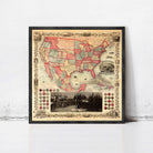 The image is a framed vintage map of the United States, with a black and white photograph of a group of people in the bottom right corner.