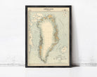 The image is a framed map of Greenland, depicting the country and surrounding areas in a vintage style.