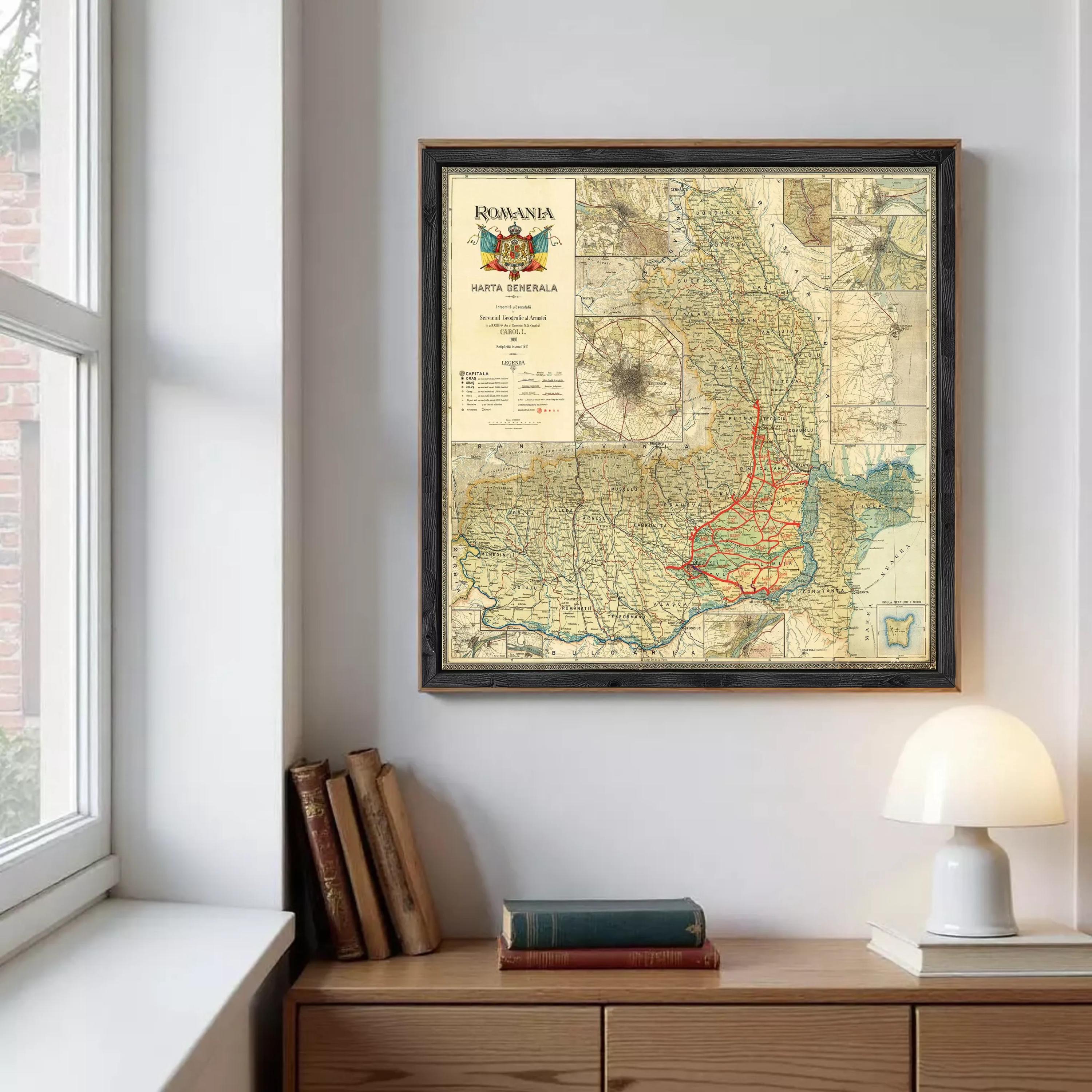 a framed map of Romania hanging on a wall, with a lamp and some books placed on a wooden shelf below it.