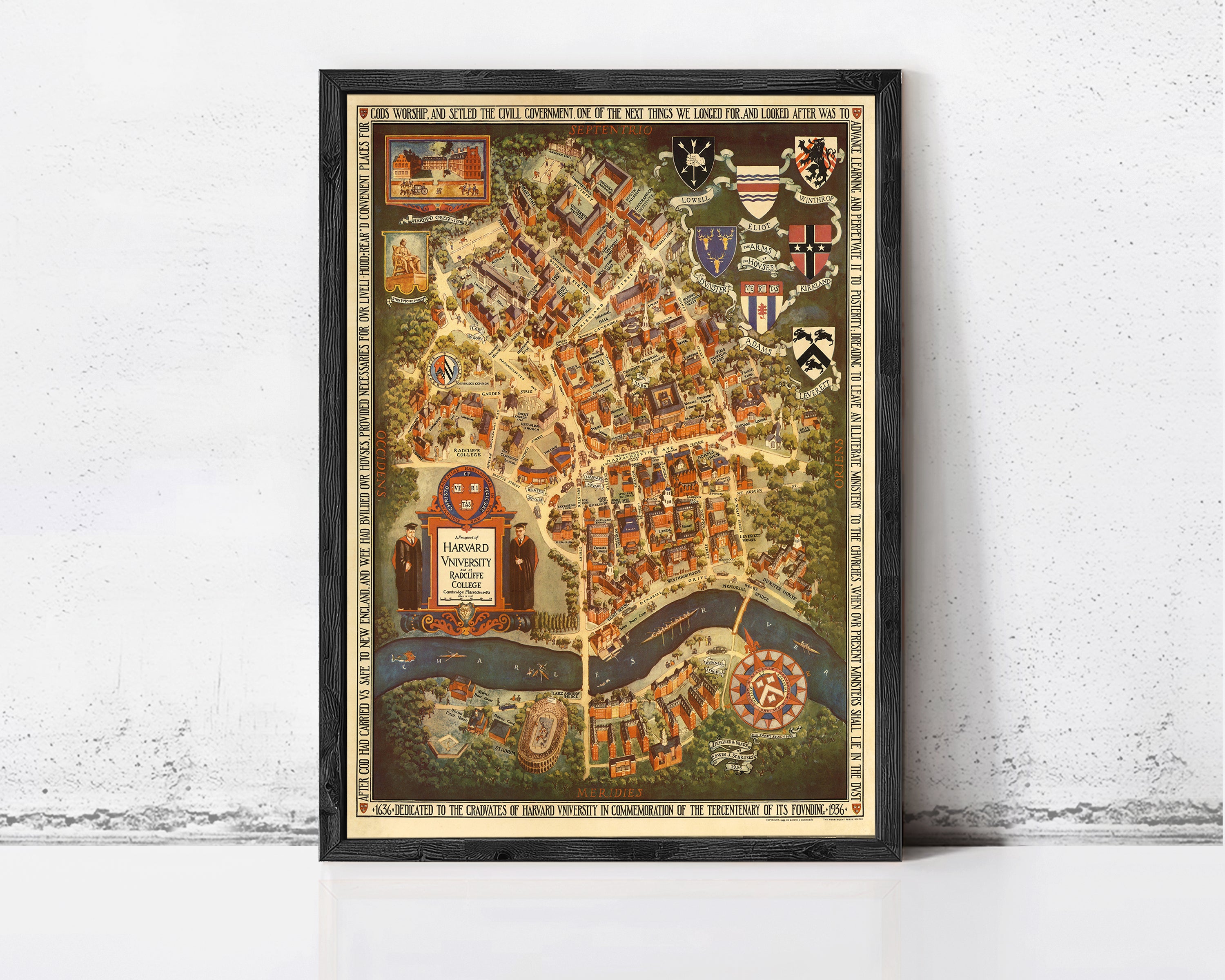 The image is a framed vintage map of a city, depicting various landmarks and streets.