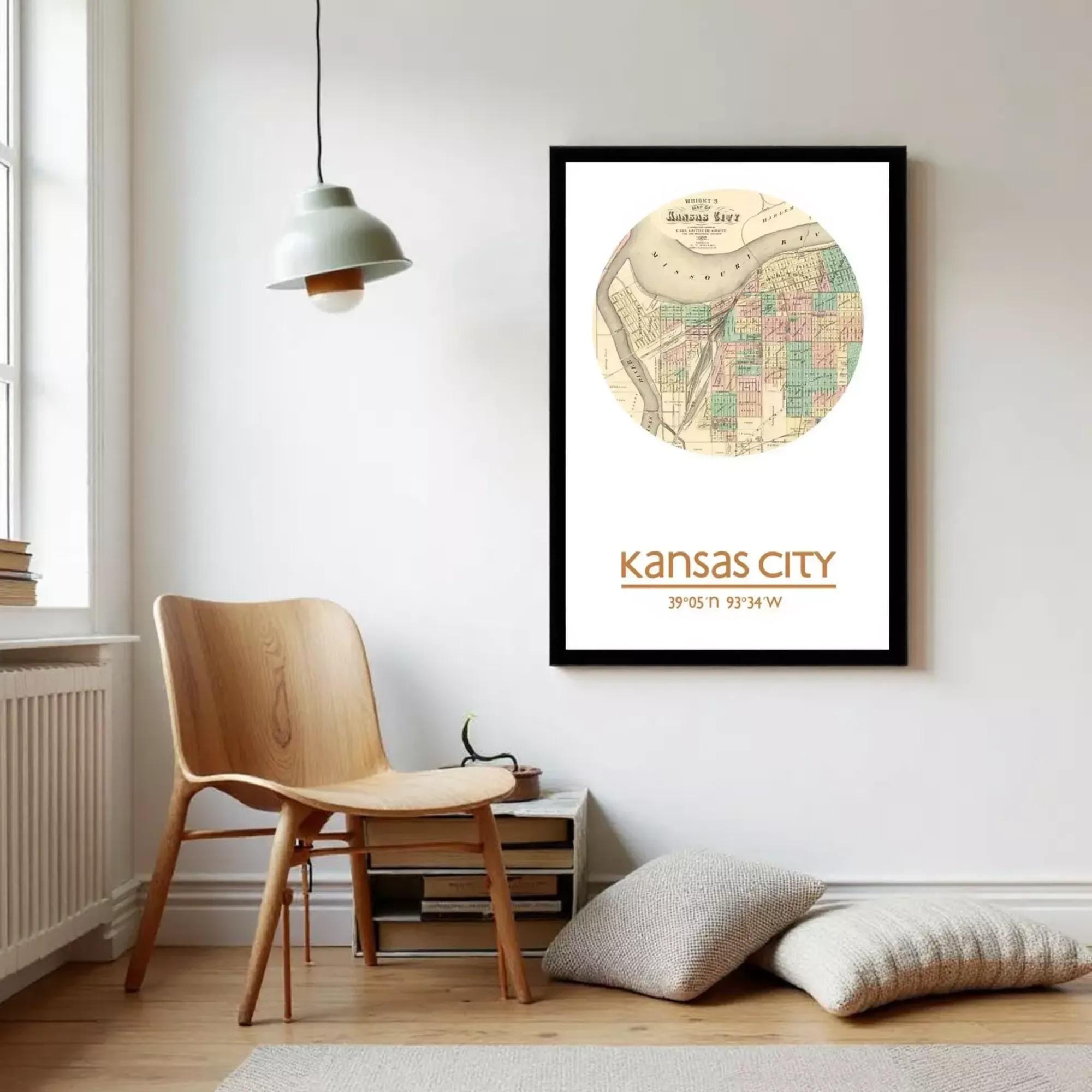 A framed map of Kansas City, with the city's location and coordinates provided.
