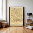 The image is a framed map of a city, likely Tokyo, with detailed street and building maps.