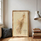 a large framed map of Madagascar, with a stack of books and a lamp in the background.
