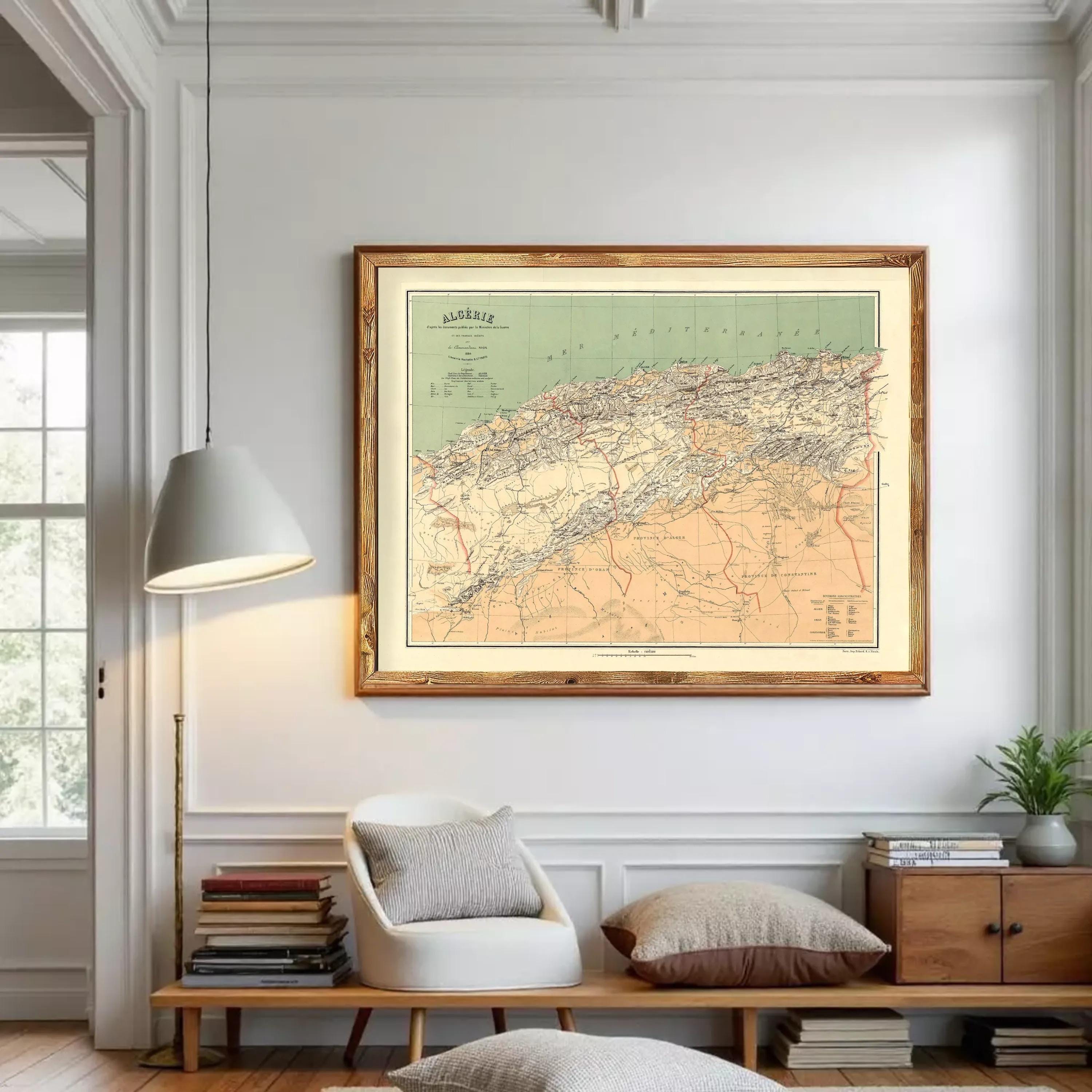 The image is a framed vintage map of Algeria, depicting the country's geographical layout and boundaries.