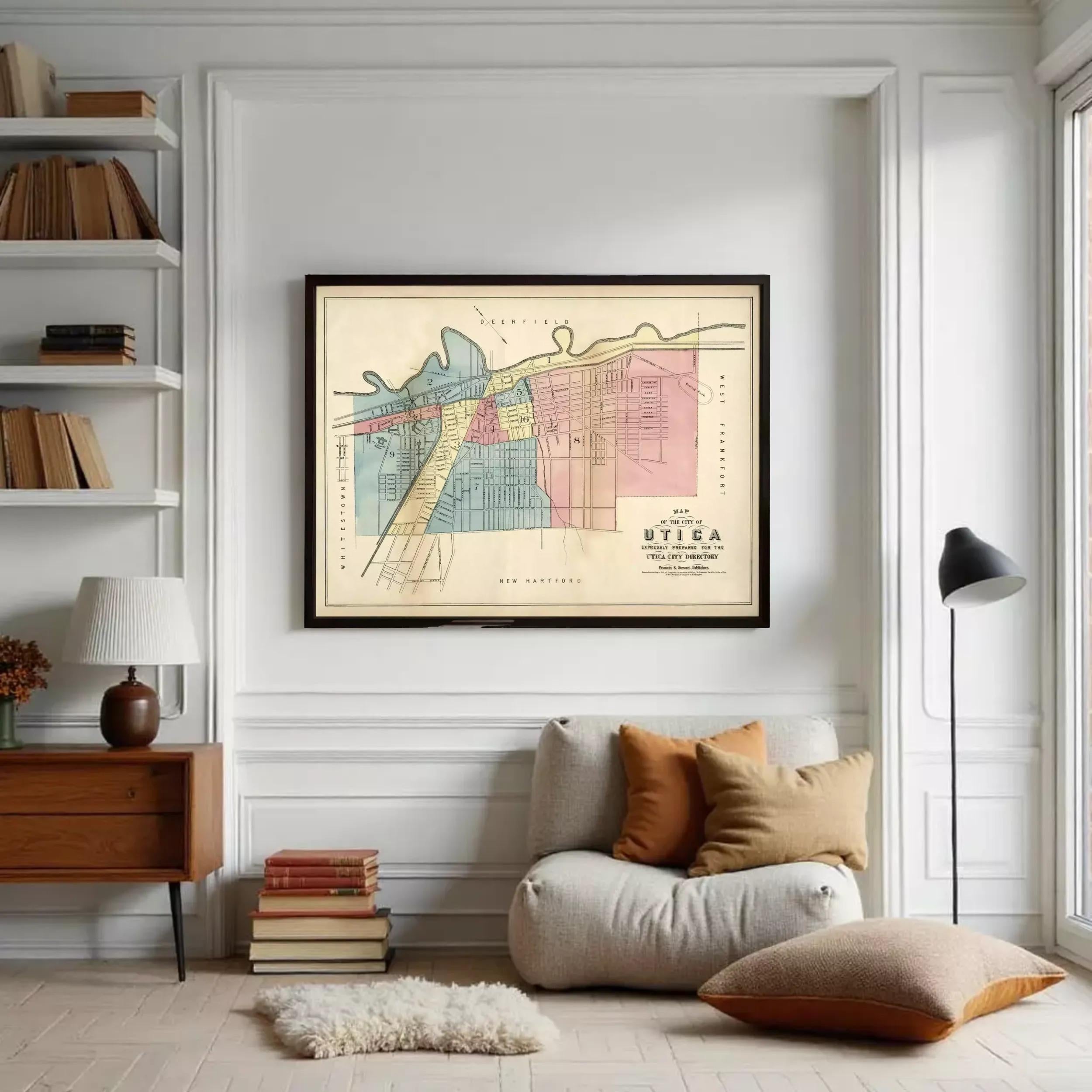 The image is a framed map of Utica, New York, depicting the city's streets and neighborhoods.