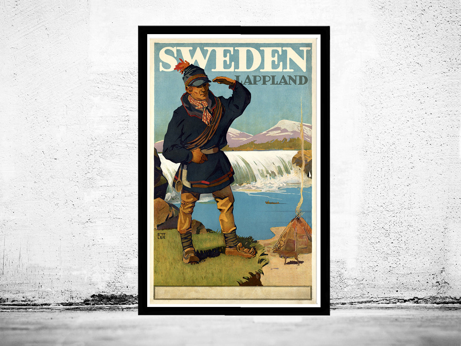 A vintage travel poster depicting a man in traditional Swedish clothing standing in front of a waterfall, with the text "SWEDEN LAPPLAND" prominently displayed.