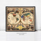 The image is a framed vintage map of the world, featuring intricate illustrations and detailed cartography.