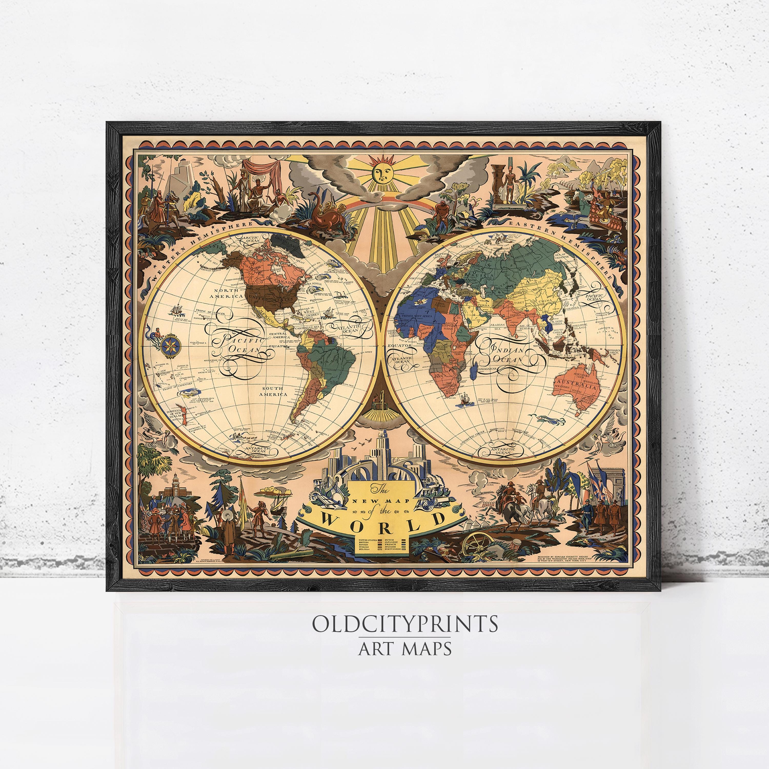 The image is a framed vintage map of the world, featuring intricate illustrations and detailed cartography.