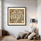 The image is a framed vintage map of the world, depicting the continents and oceans in a detailed and colorful manner.