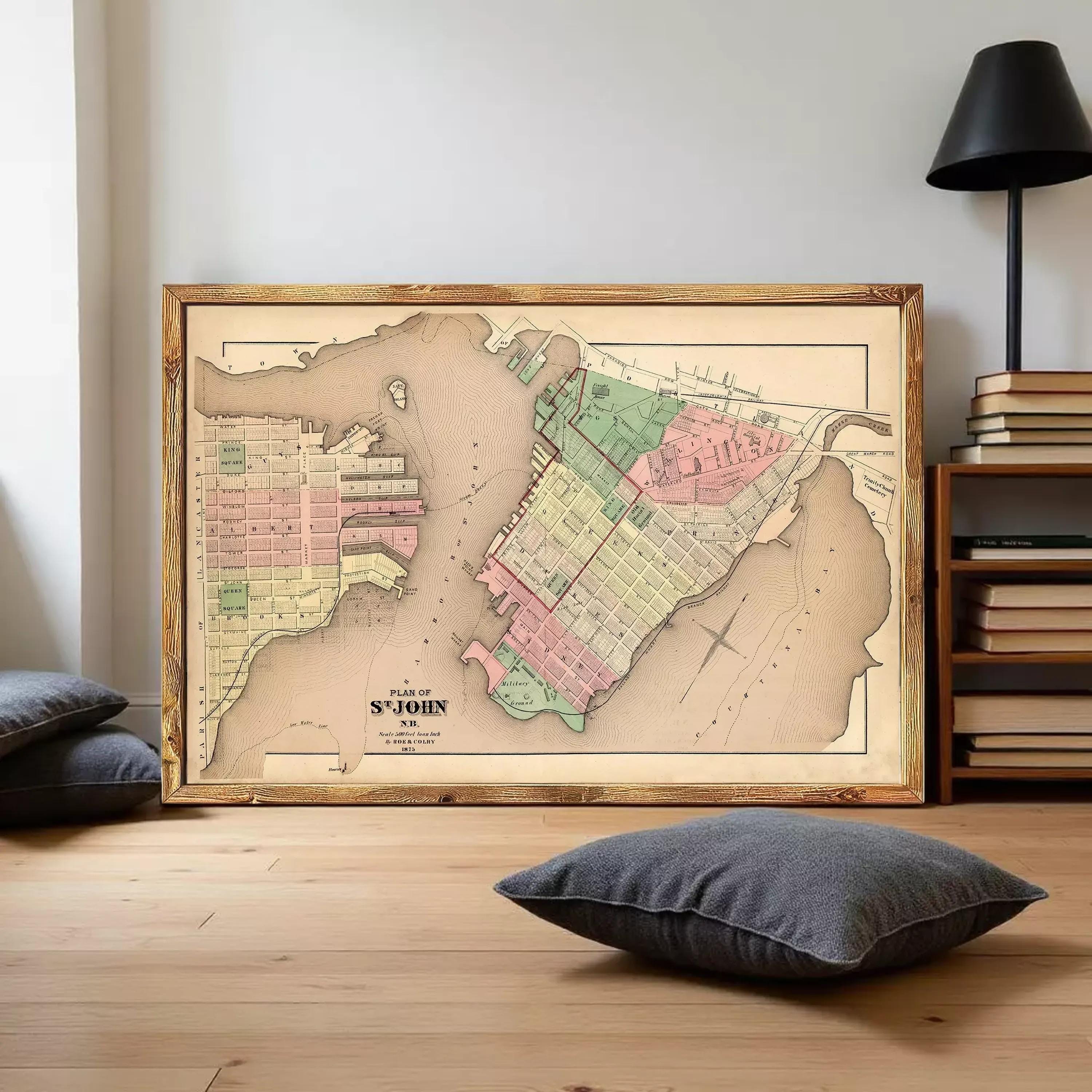The image is a framed map of the city of São John, showing the layout of the streets, neighborhoods, and surrounding areas.