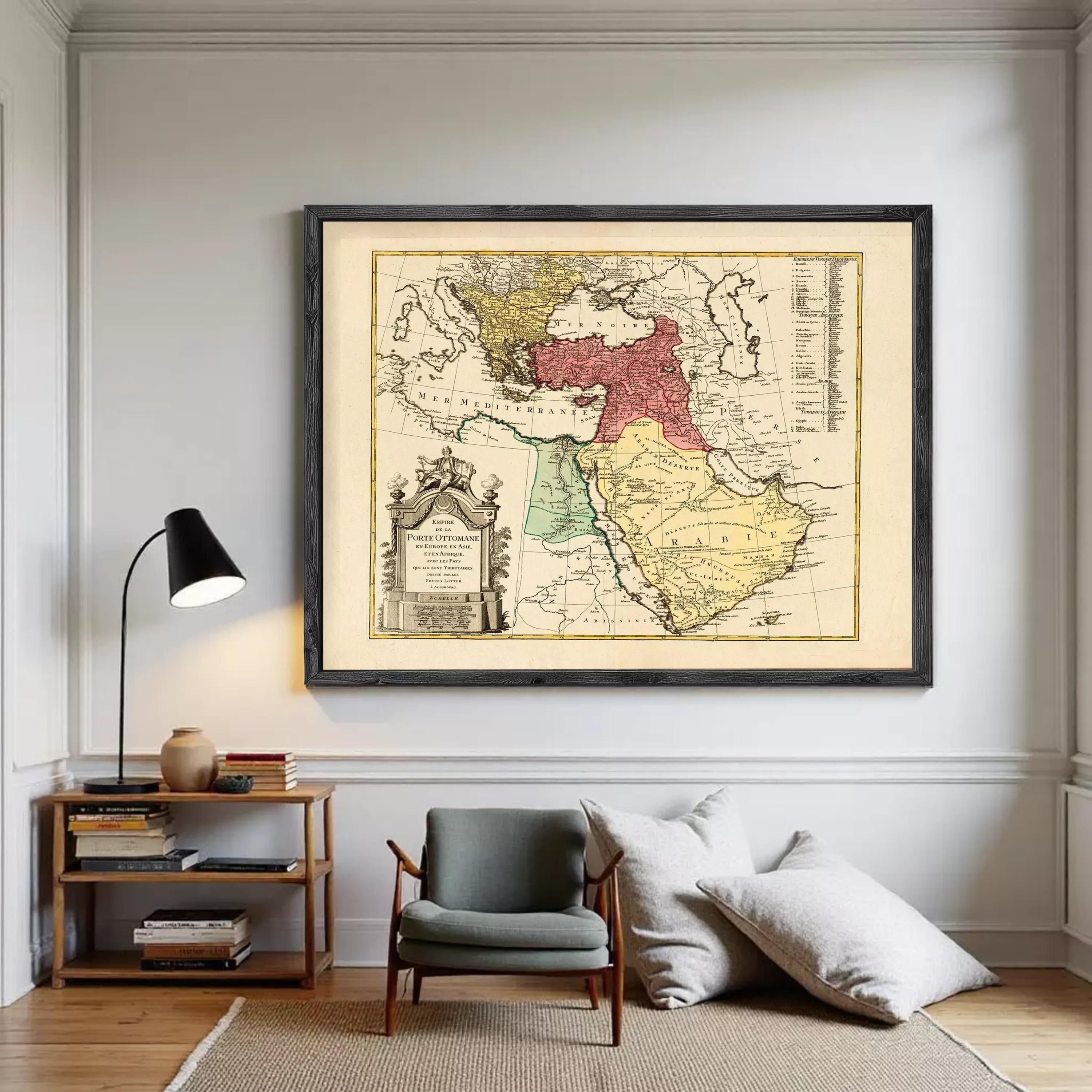 The image is a framed vintage map of the Middle East and North Africa, depicting the region in a detailed and colorful manner.