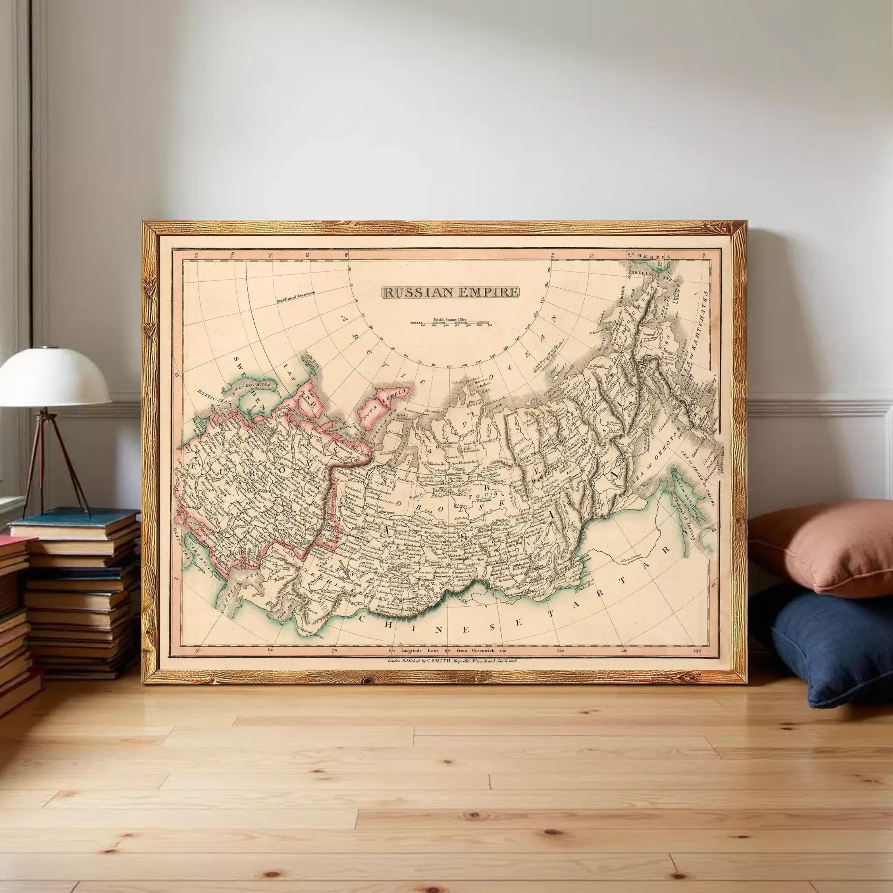 a large framed map of the Russian Empire, with a wooden frame and a vintage style.