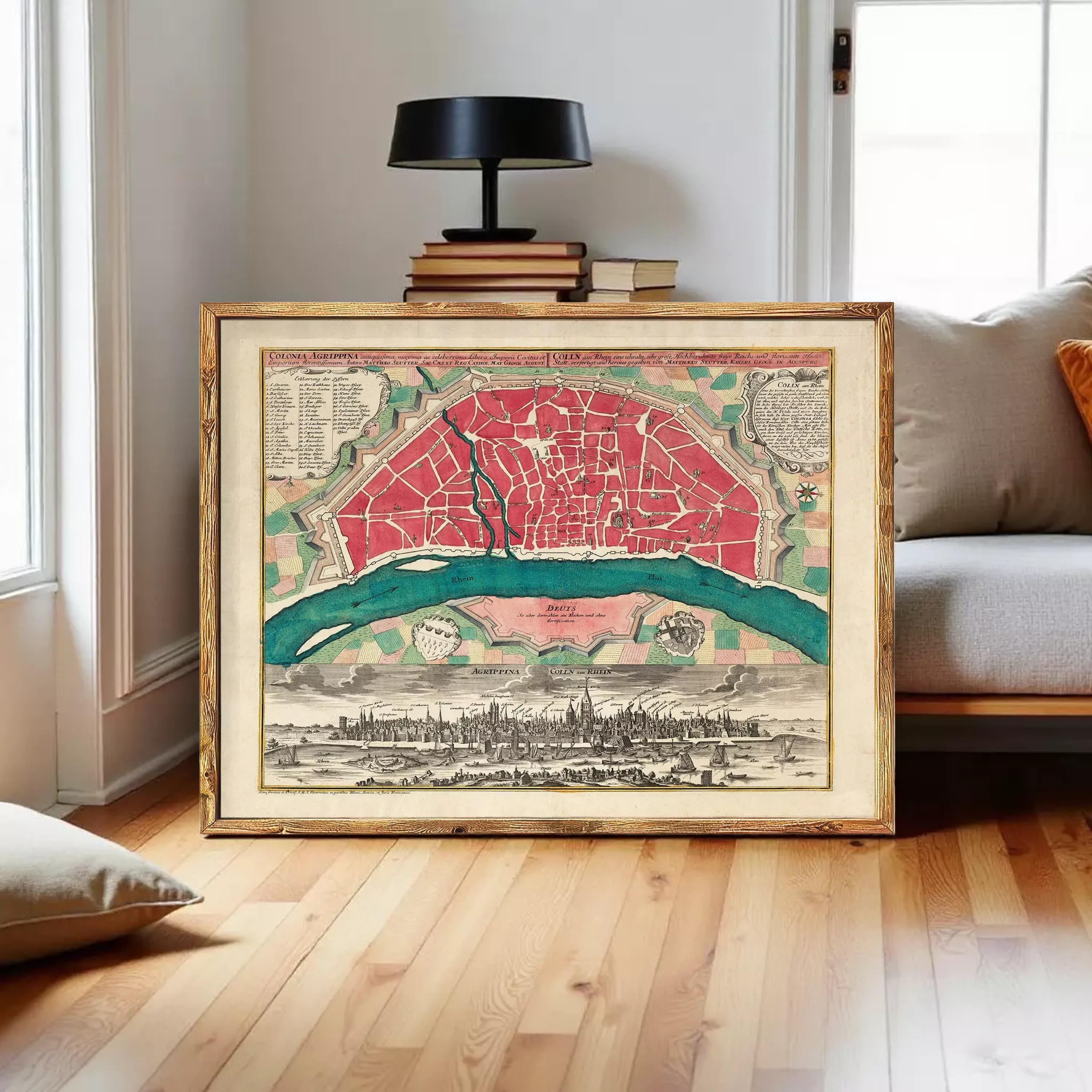 The image is a framed vintage map of a city, depicting a detailed layout of the city's streets, landmarks, and surrounding areas.
