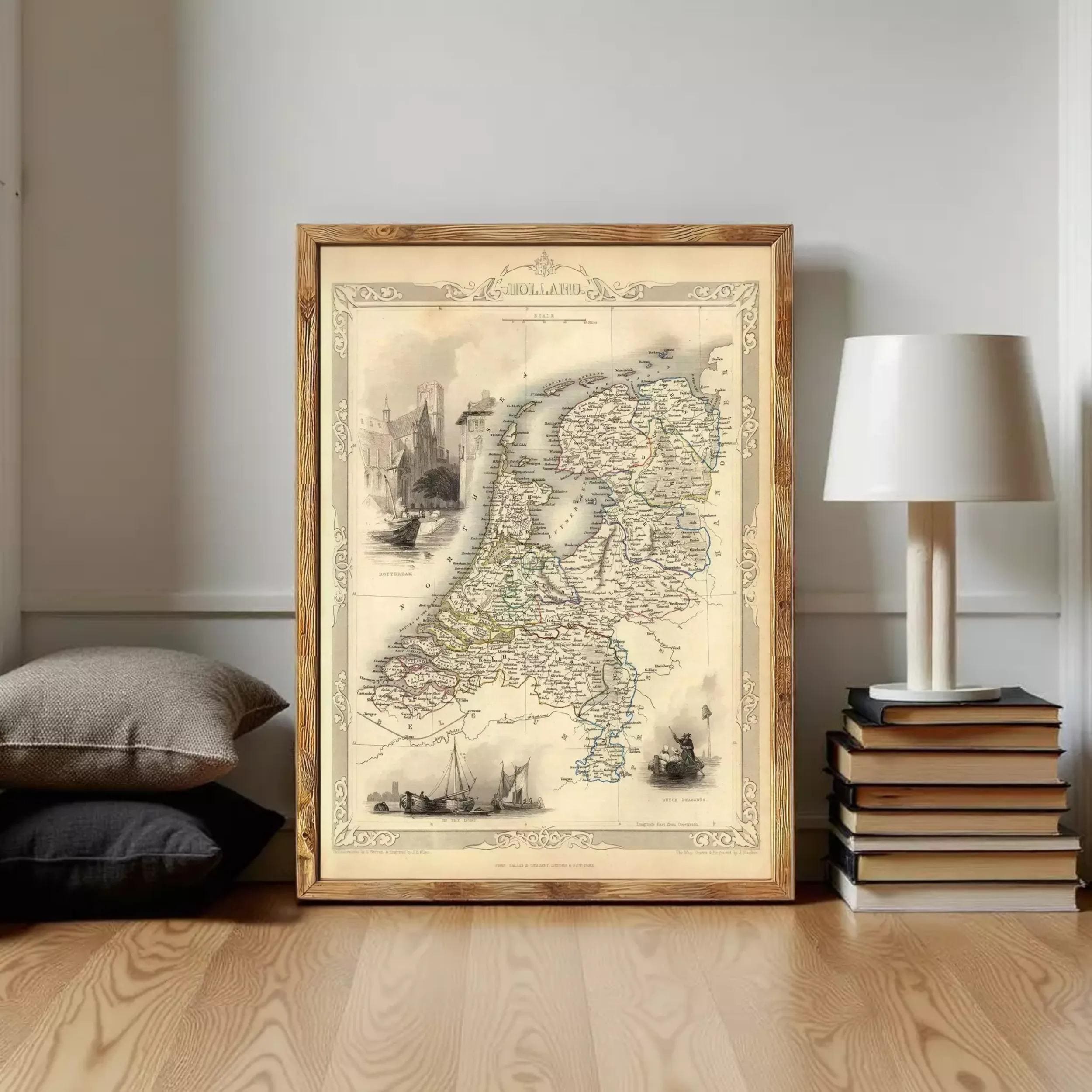 The image is a framed map of the Netherlands, depicting various landmarks and geographical features.