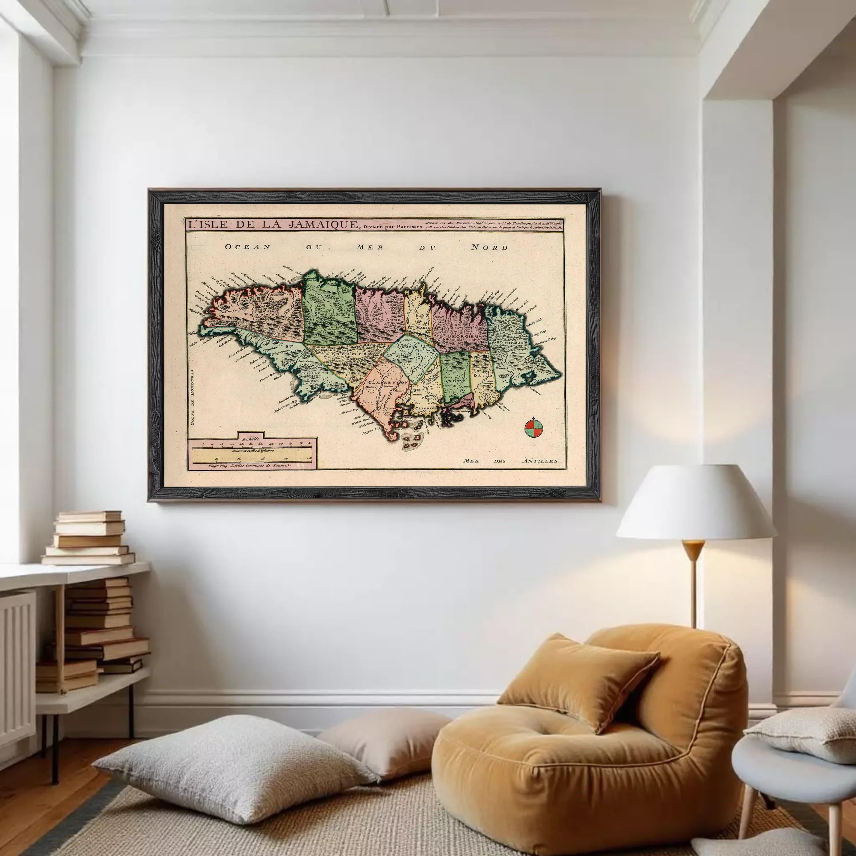 The image is a framed vintage map of Jamaica, depicting the island's geographical layout and surrounding areas.