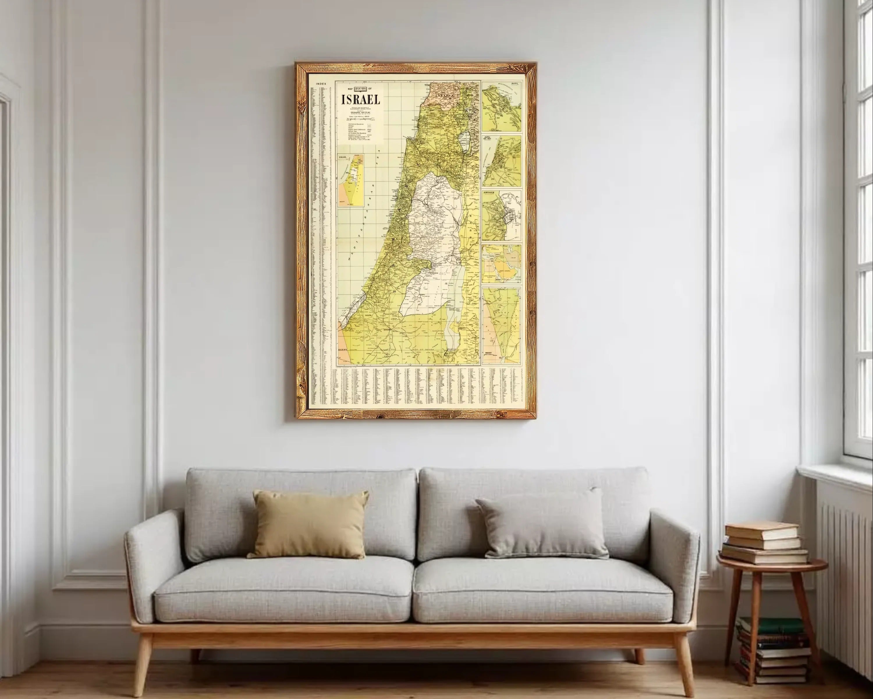 The image is a framed vintage map of Israel, showing the country's geographical layout and surrounding areas.