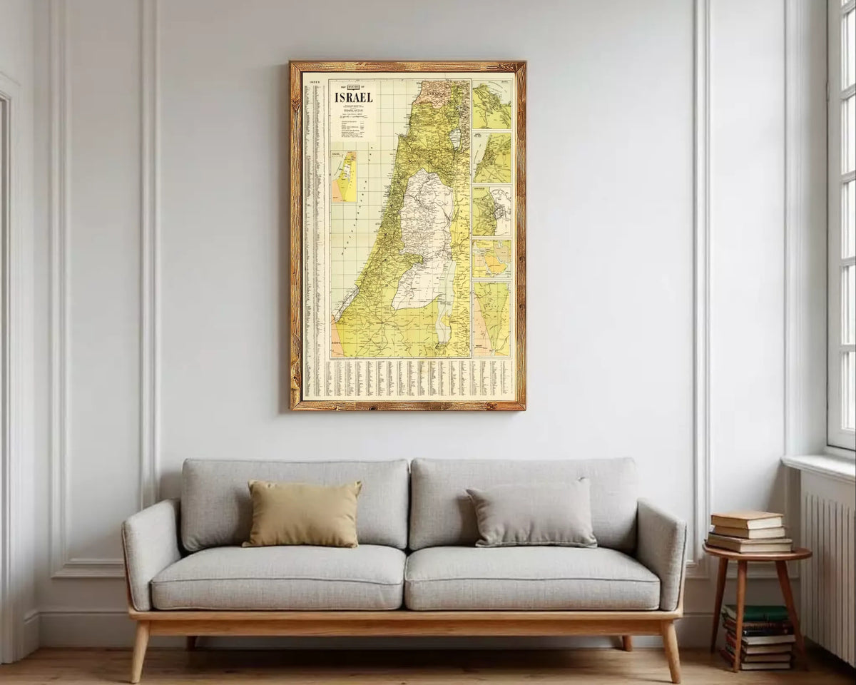 The image is a framed vintage map of Israel, showing the country's geographical layout and surrounding areas.