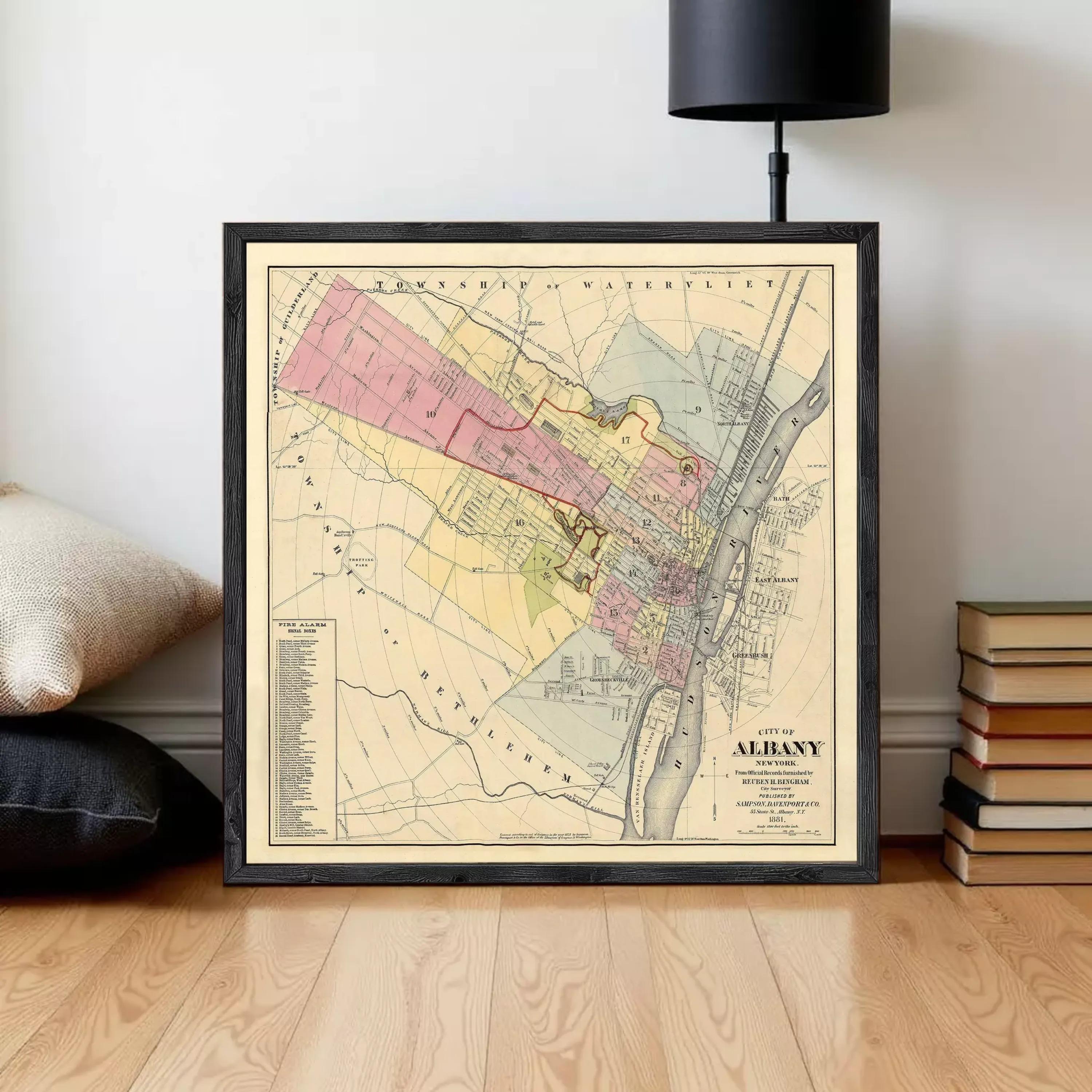 The image is a framed map of the town of Albany, New York, showing the layout of the streets, buildings, and other geographic features.