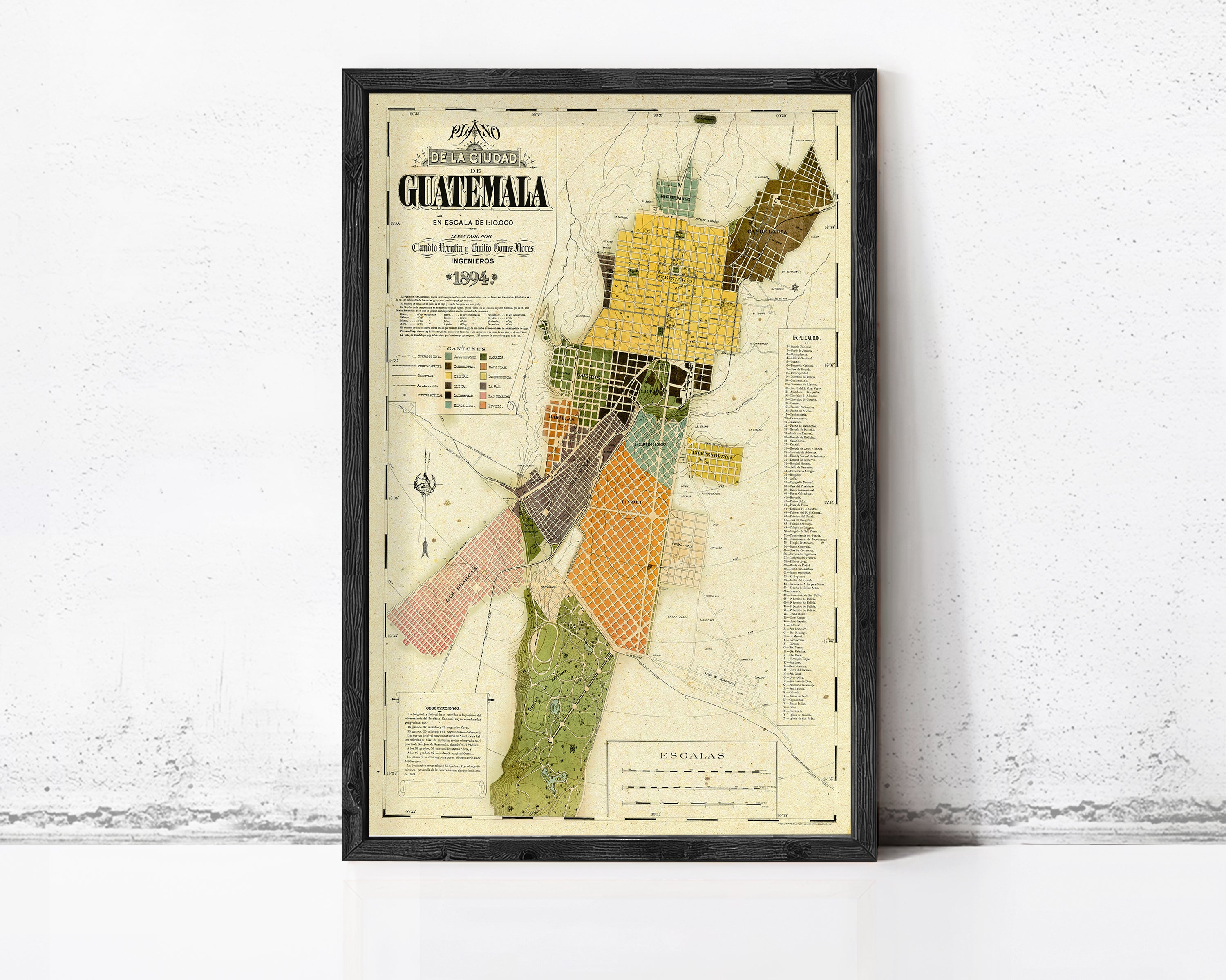 The image is a framed map of Guatemala, depicting the country's geographical layout and major cities.