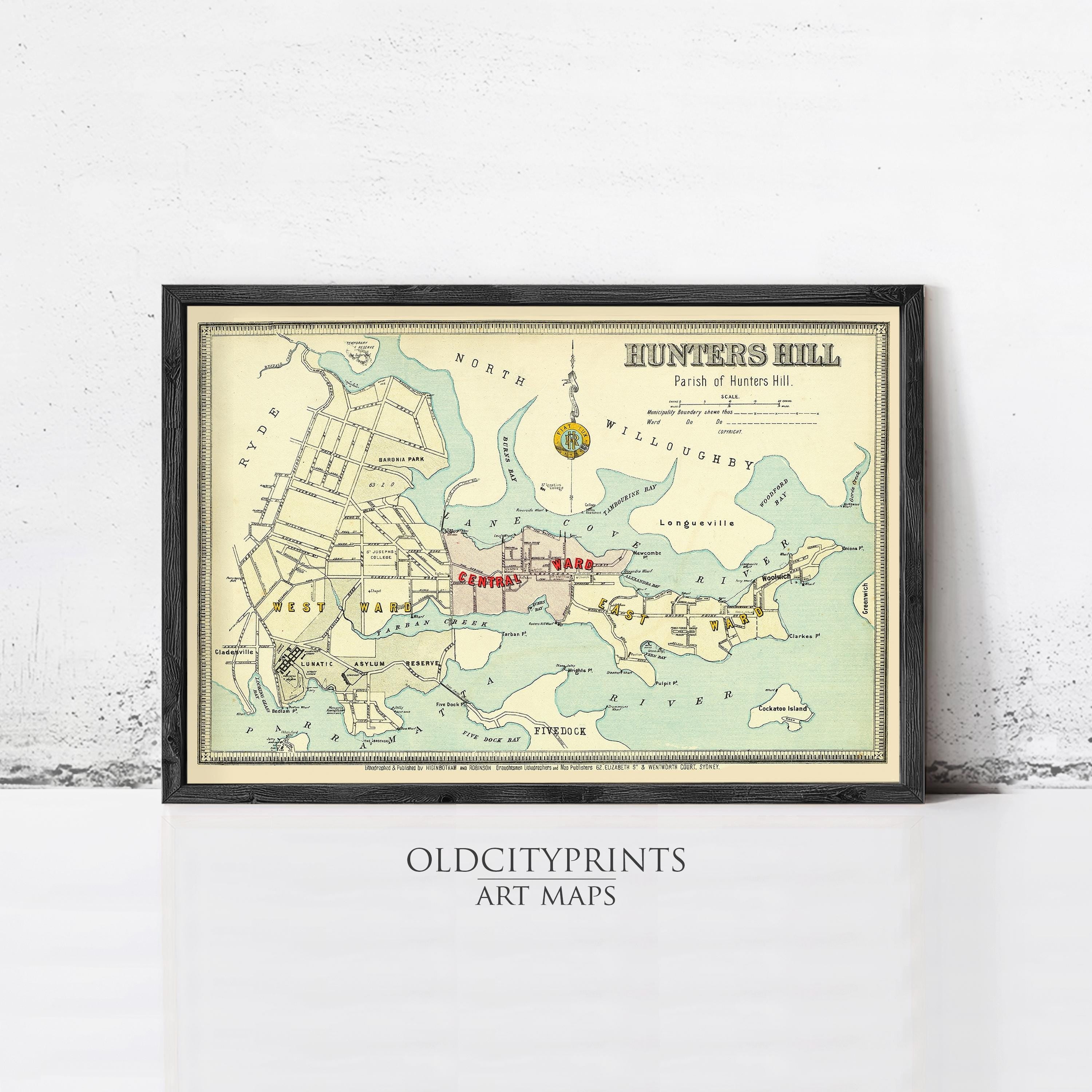 The image is a framed vintage map of Hunters Hill, a park in Sydney, Australia.