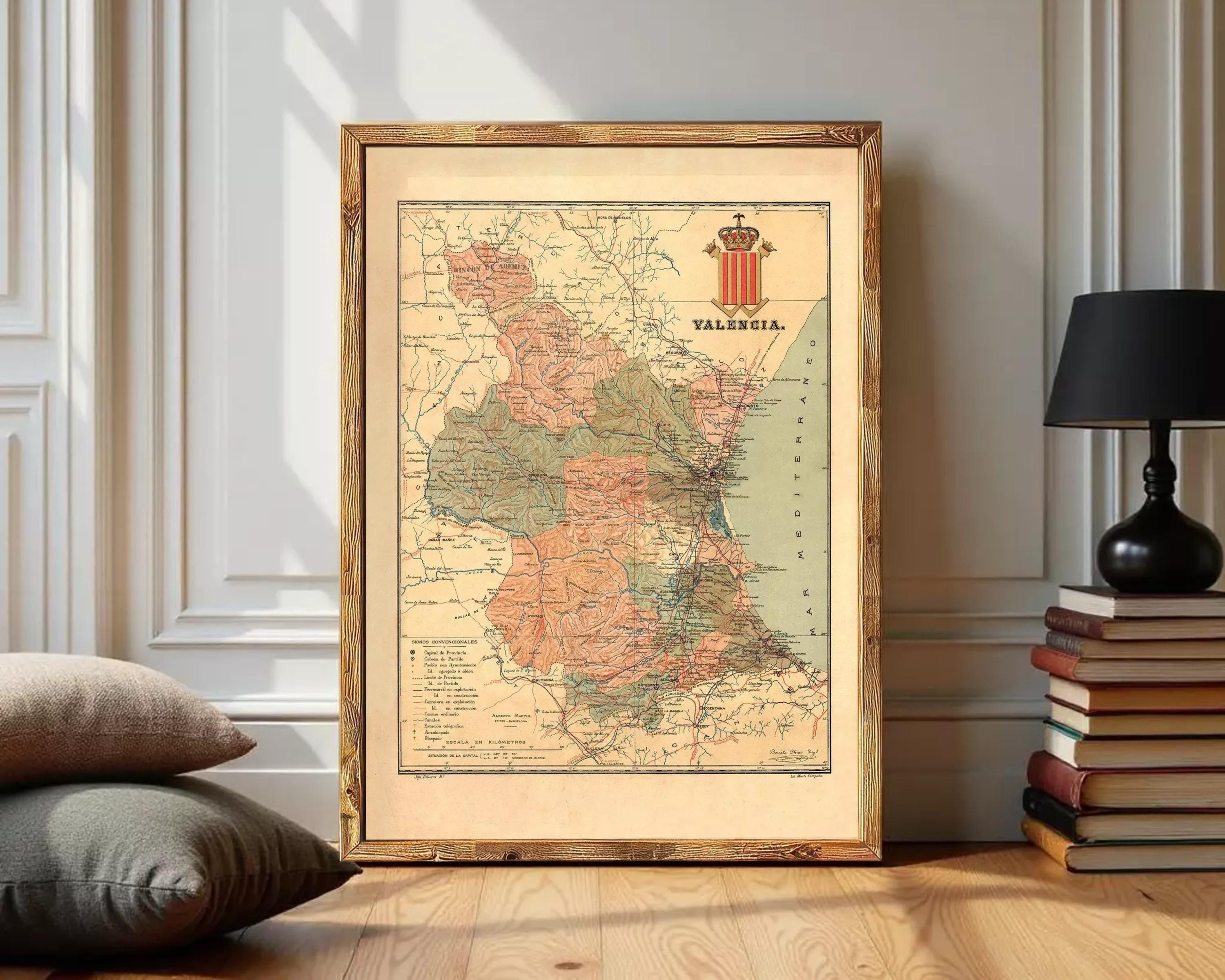 The image is a framed vintage map of the region of Valencia, Spain.
