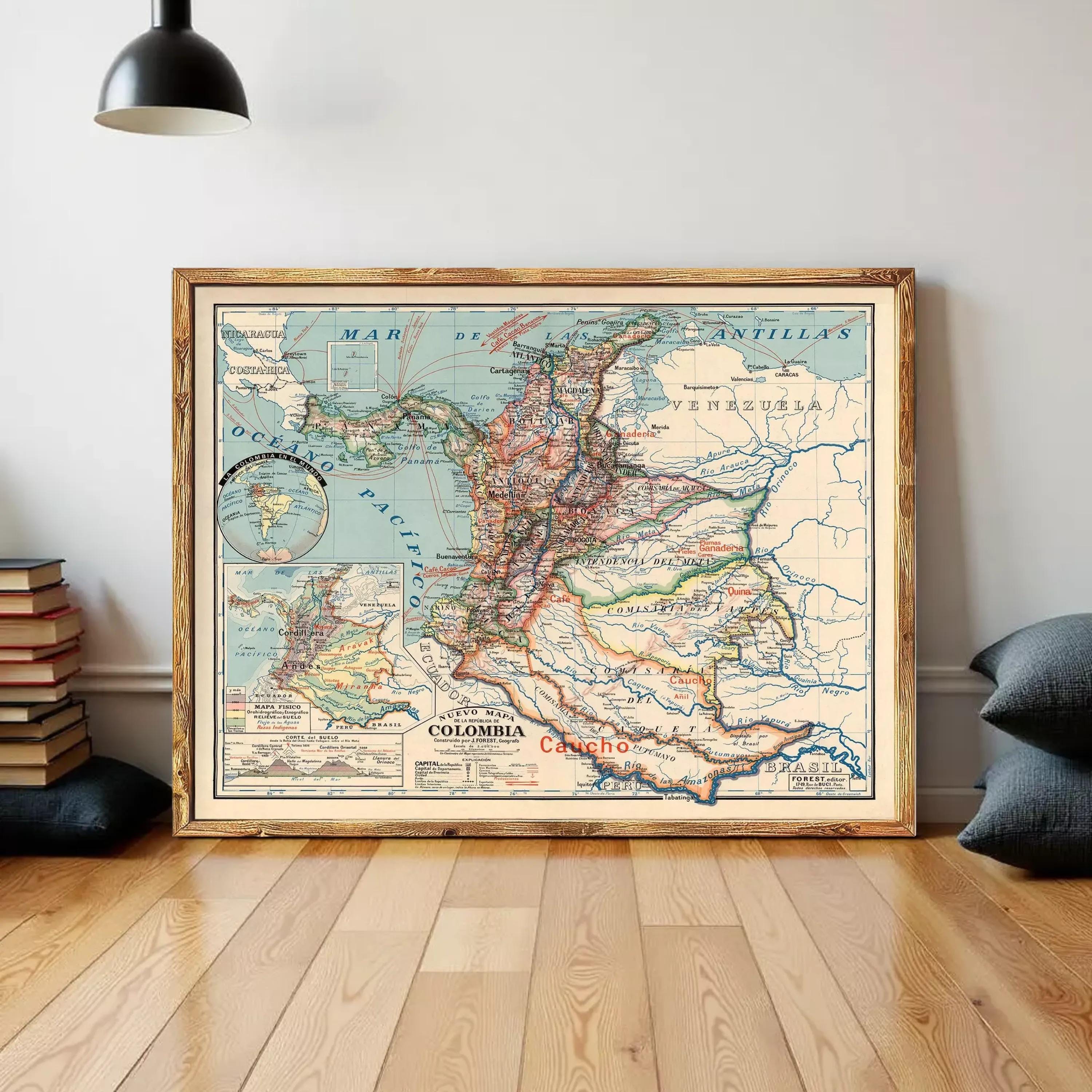 The image is a framed vintage map of South America, specifically focusing on Colombia.
