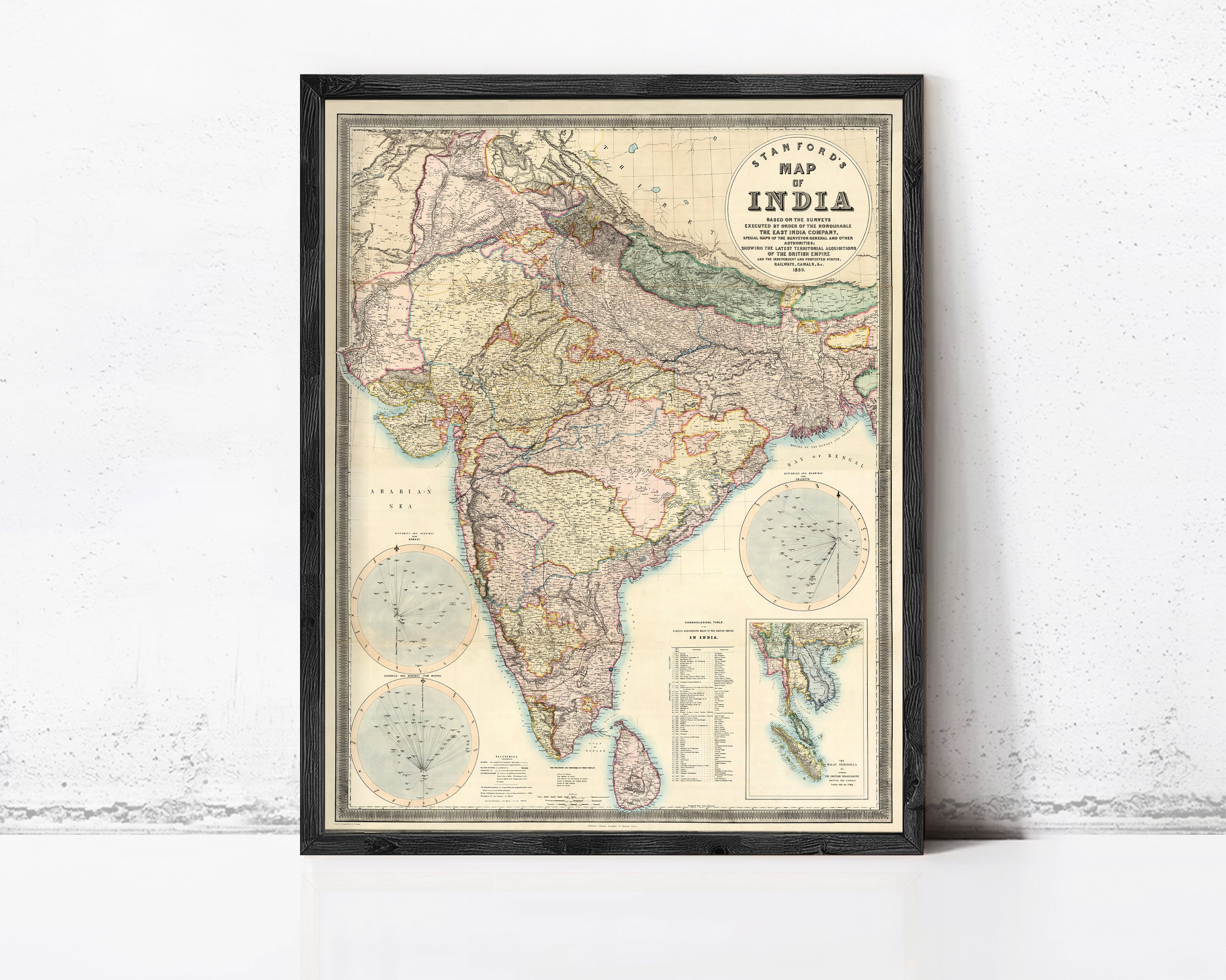 The image is a framed vintage map of India, depicting the country's geographical layout and boundaries.