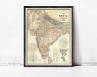 The image is a framed vintage map of India, depicting the country's geographical layout and boundaries.