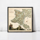 The image is a framed antique map of France, depicting a mountainous region with a river and a small town.