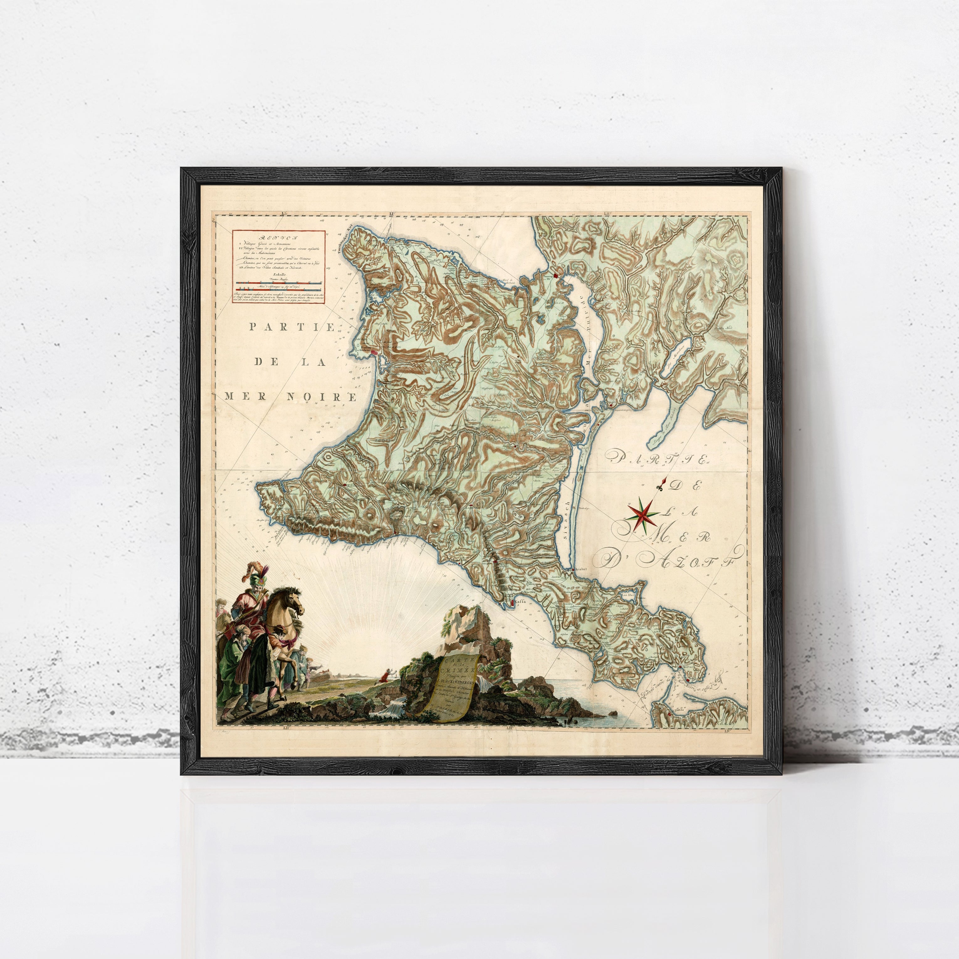 The image is a framed antique map of France, depicting a mountainous region with a river and a small town.