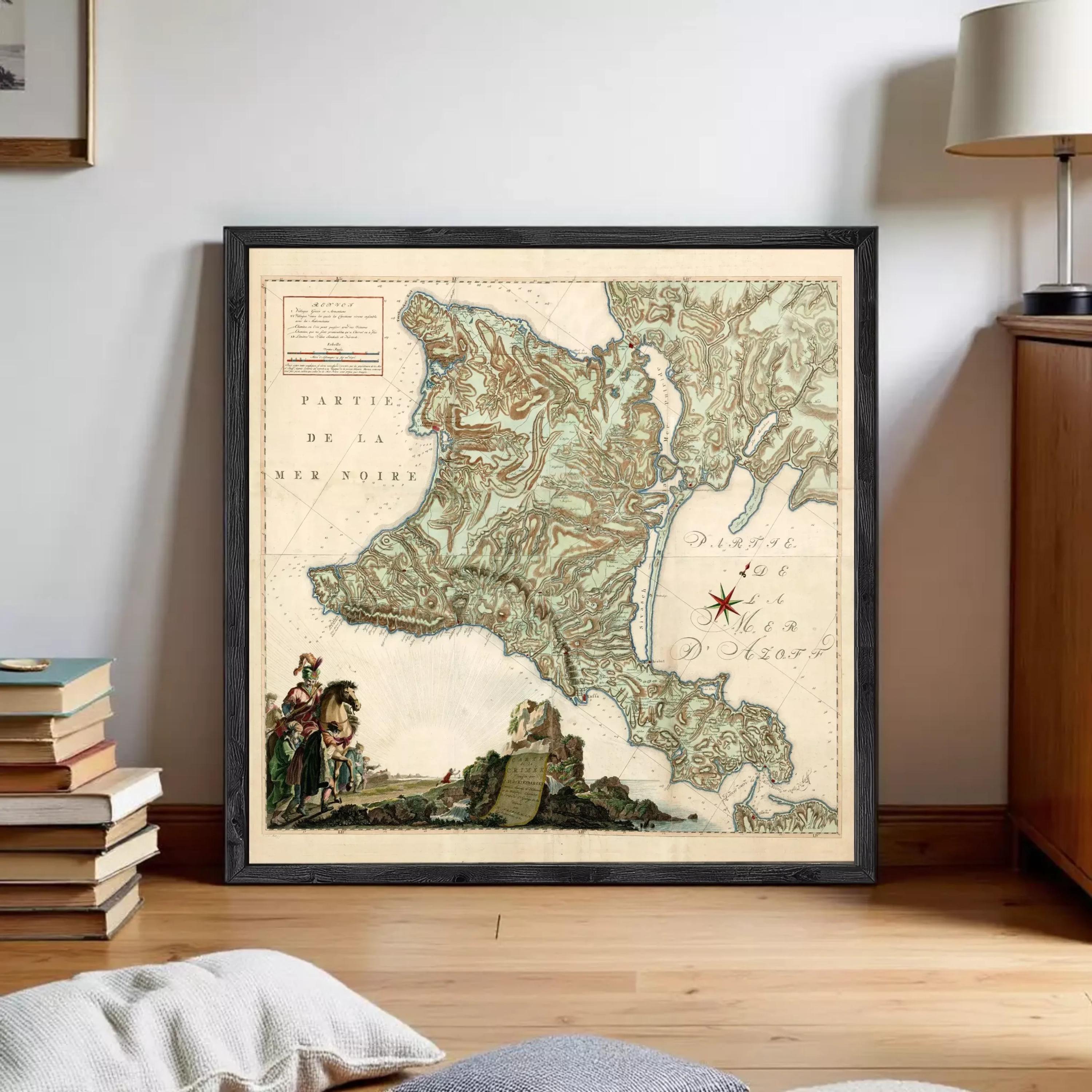 The image is a framed antique map of France, depicting a mountainous region with a river and a small town.