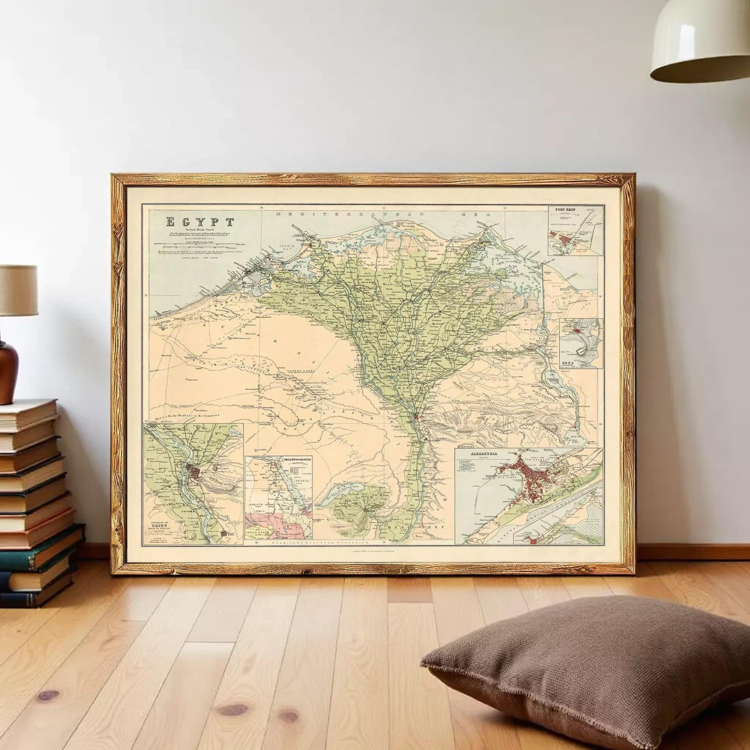The image is a framed vintage map of Egypt, depicting the country's geographical layout and surrounding areas.