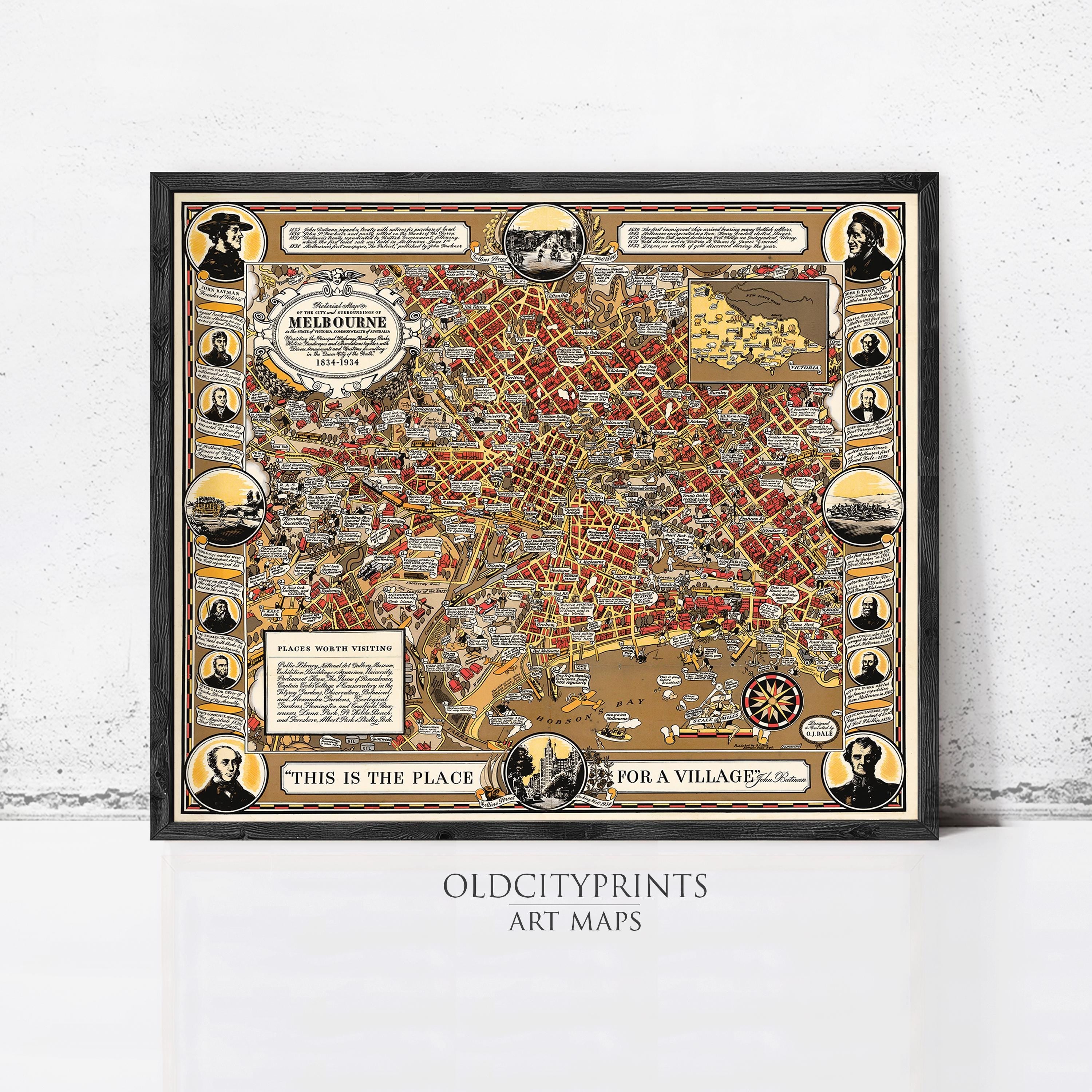 The image is a framed vintage map of Melbourne, Australia, depicting various landmarks and locations within the city.