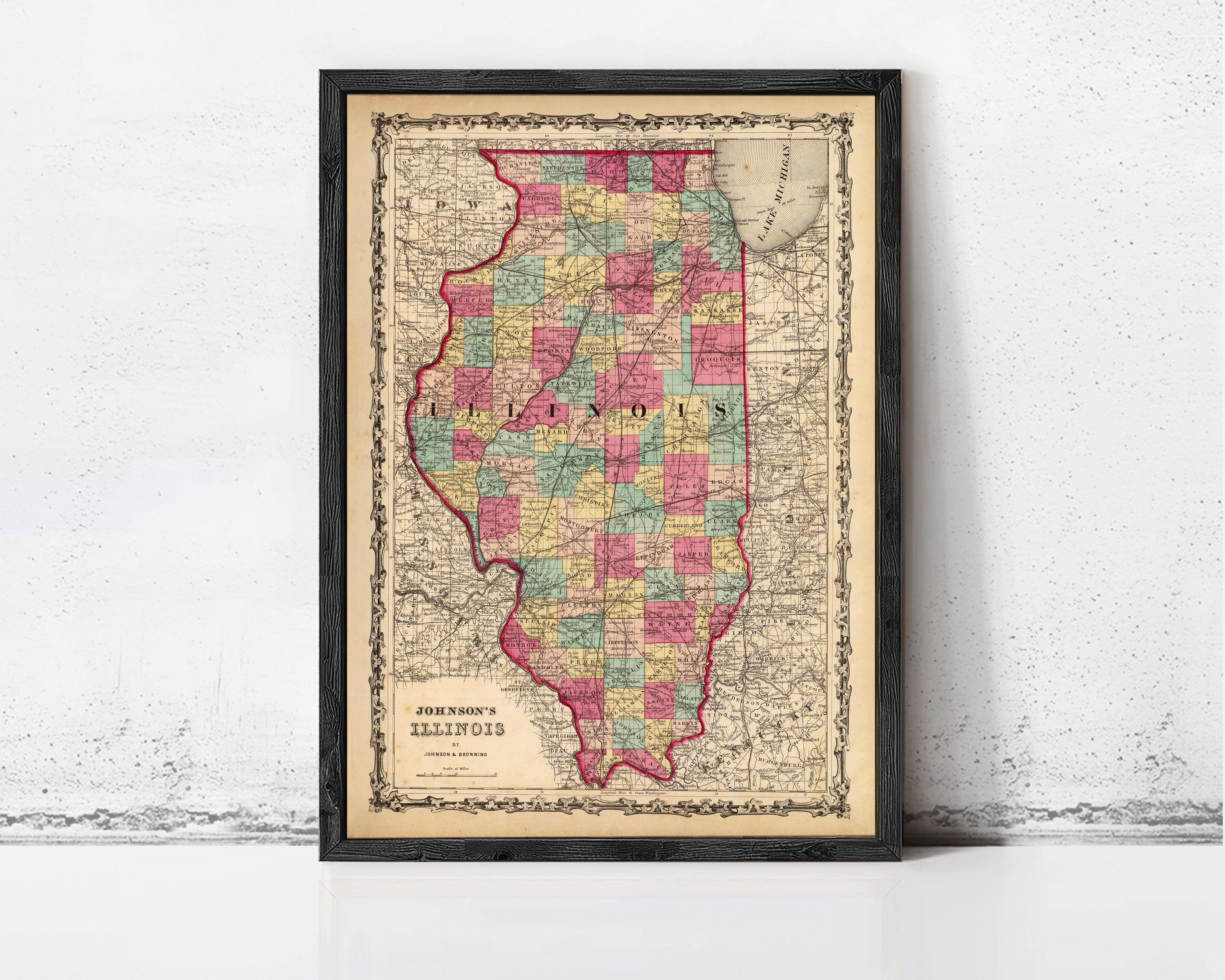 A framed map of Illinois, with the state's borders clearly marked and the name "Illinois" written in the center.