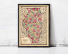 A framed map of Illinois, with the state's borders clearly marked and the name "Illinois" written in the center.