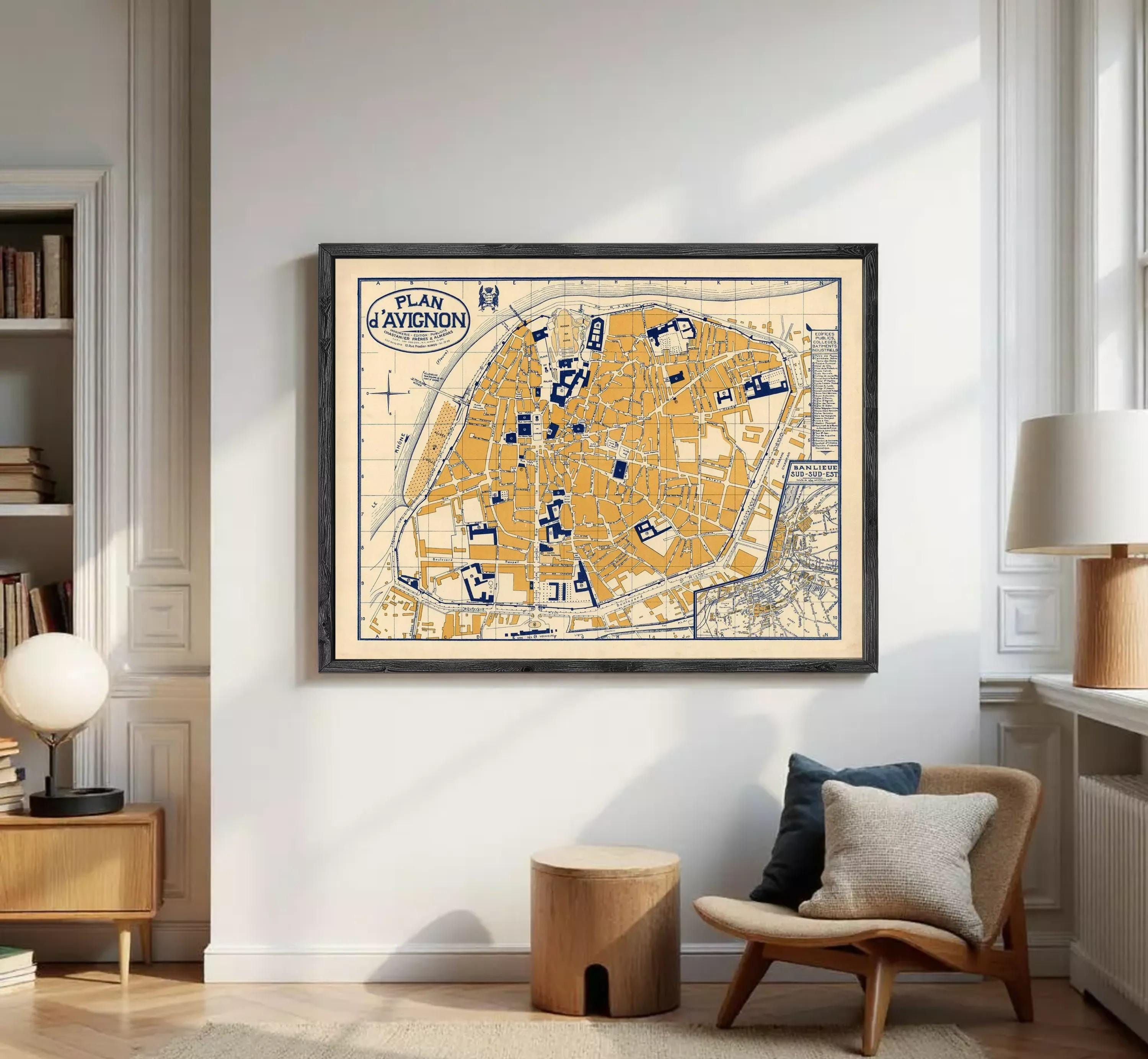 The image is a framed vintage map of the city of Avignon, France, depicting the layout and streets of the city.