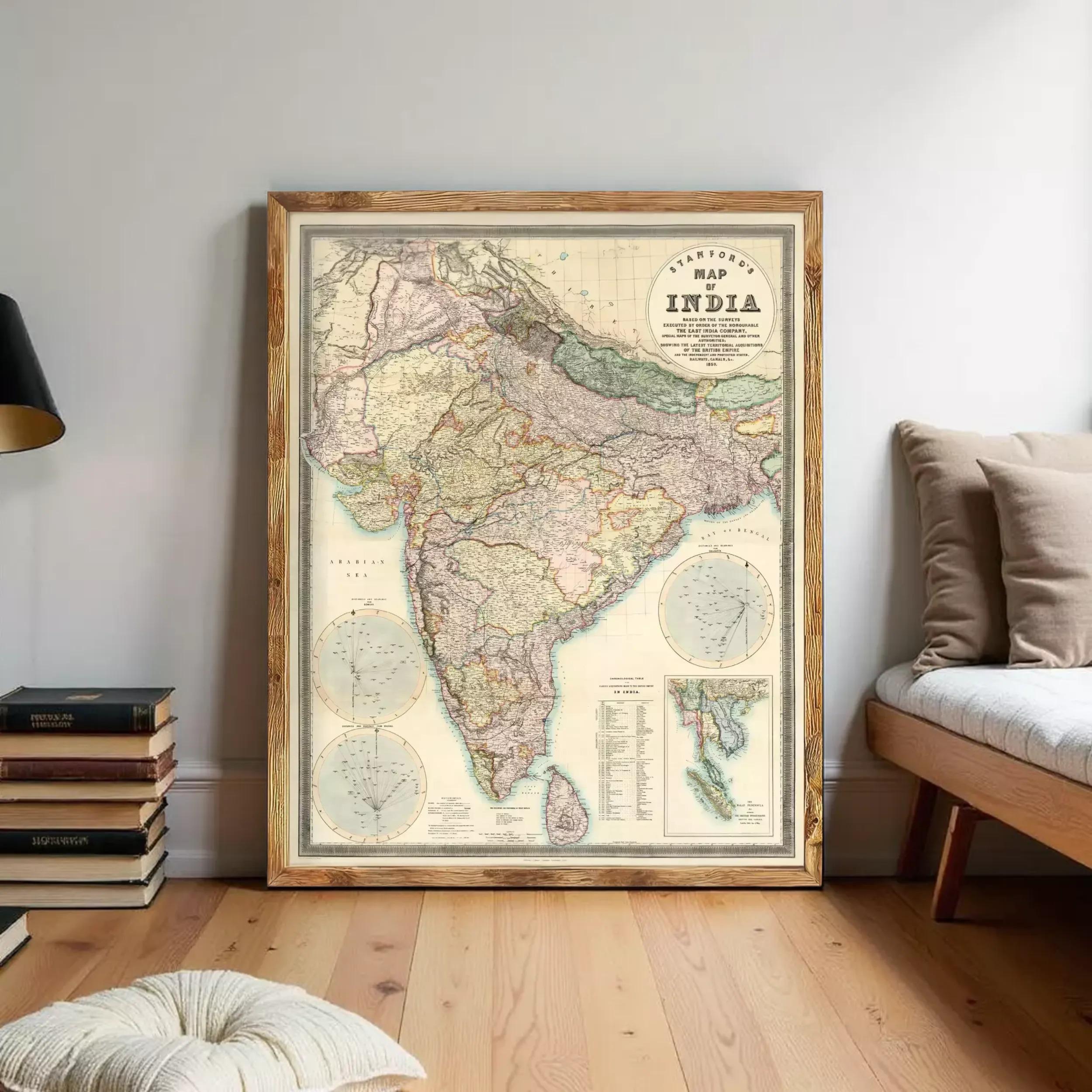 The image is a framed vintage map of India, depicting the country's geographical layout and boundaries.