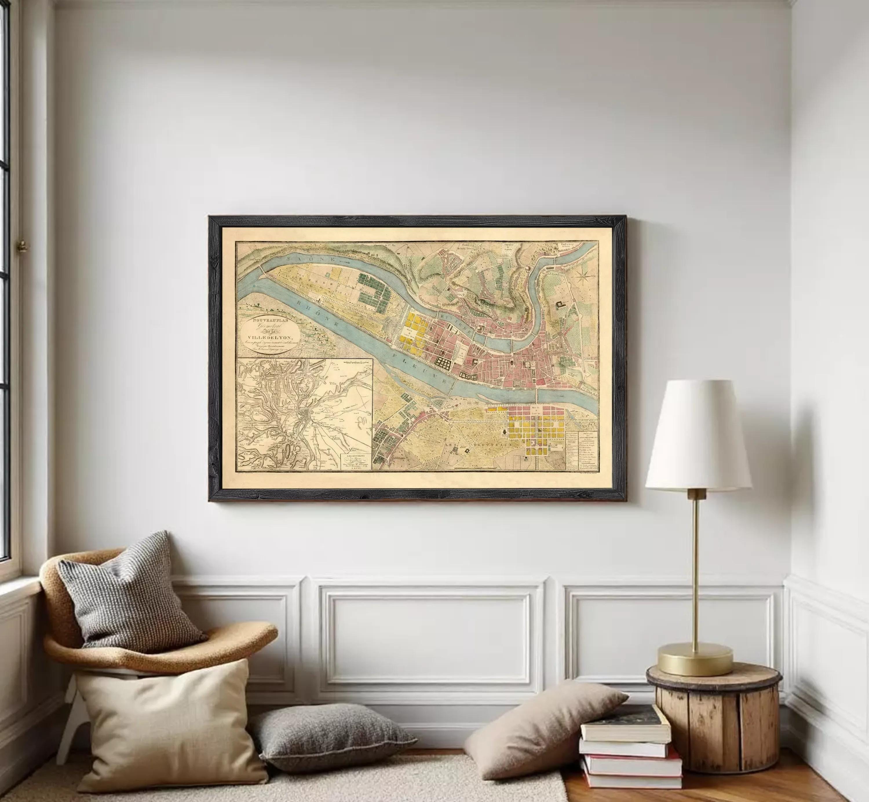 The image is a framed vintage map of a city, depicting a detailed layout of streets, buildings, and other urban features.