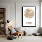 A framed map of Ottawa, Canada, with the city's location and surrounding area marked on it.