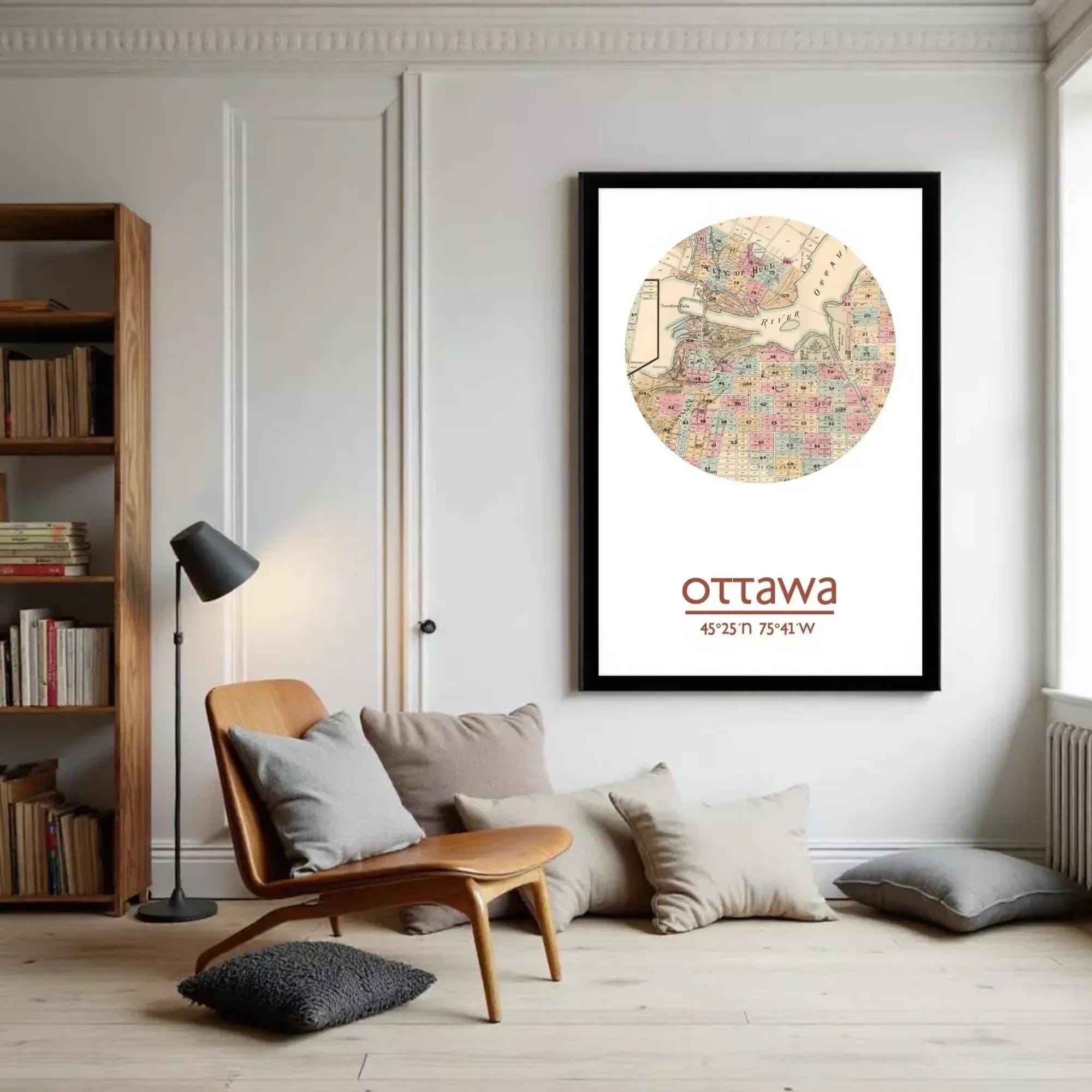 A framed map of Ottawa, Canada, with the city's location and surrounding area marked on it.