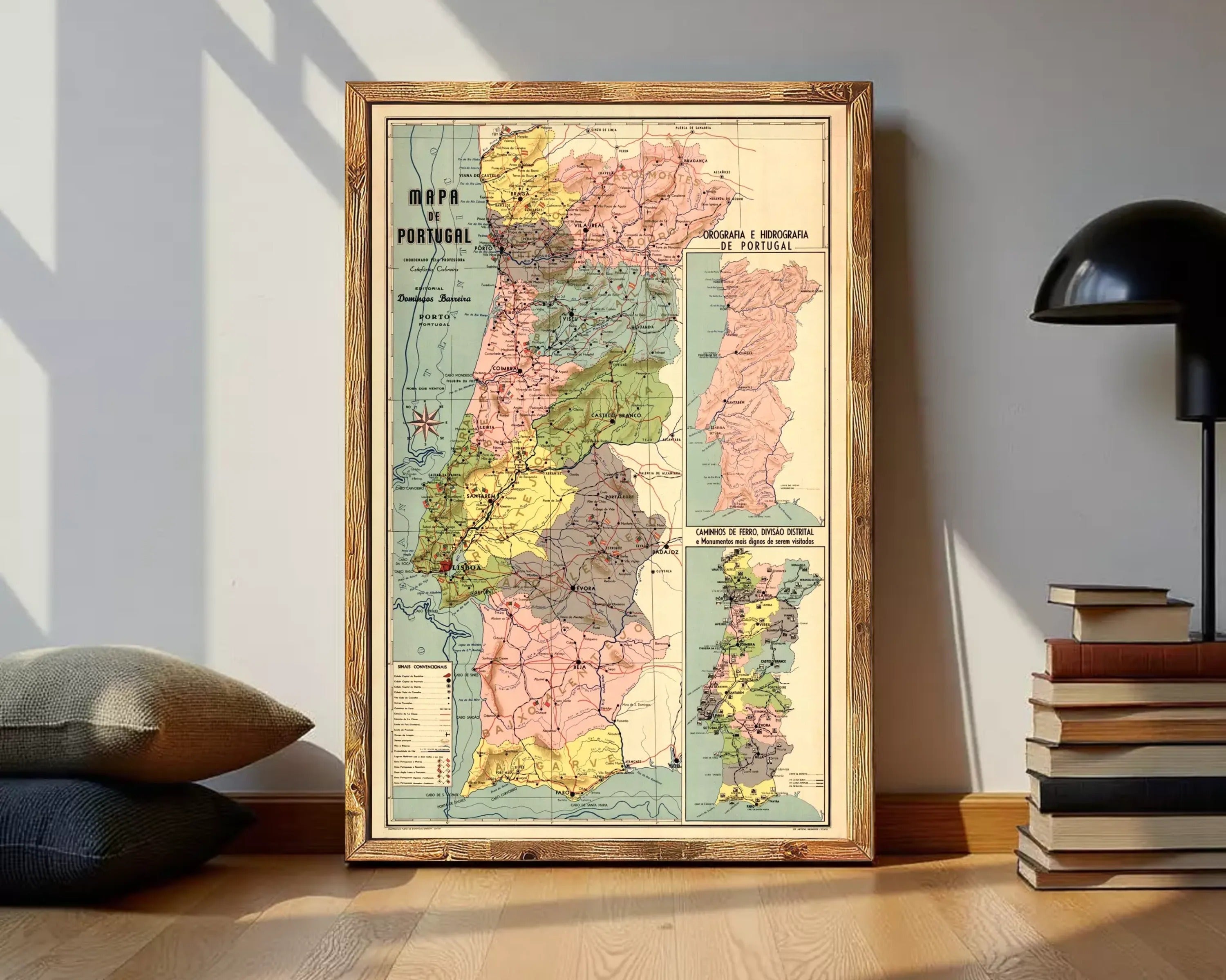 The image is a framed vintage map of Portugal, showing the country's geographical layout and boundaries.