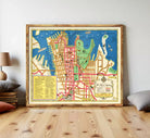 The image is a framed vintage map of a city, likely Sydney, Australia, with various landmarks and streets labeled.