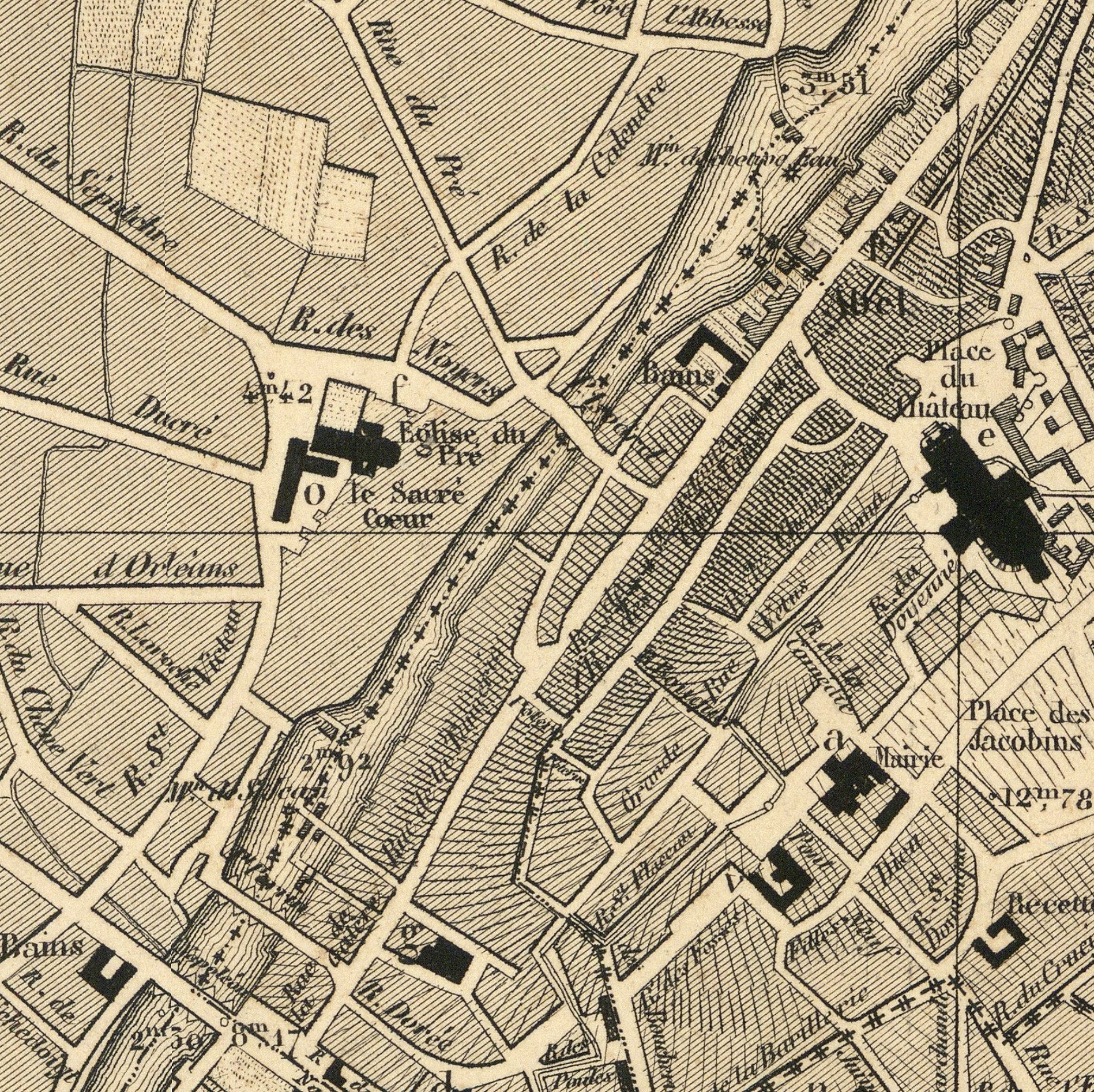 The image is a detailed historical map showing a city layout with streets, buildings, and other landmarks.